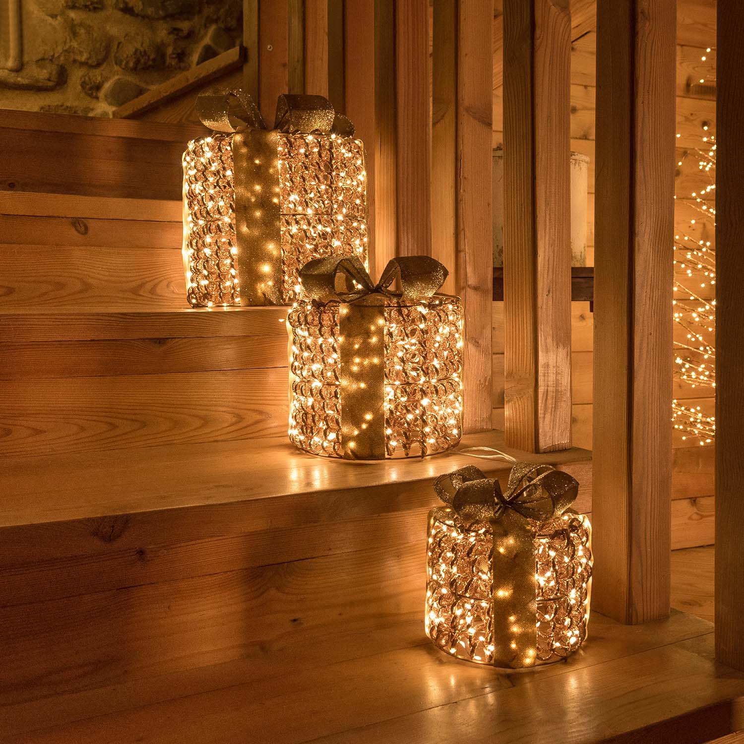 Set 3 Pacchi Regalo 3D Rose Gold, filo a spirale, forma cilindrica, led bianco caldo 6