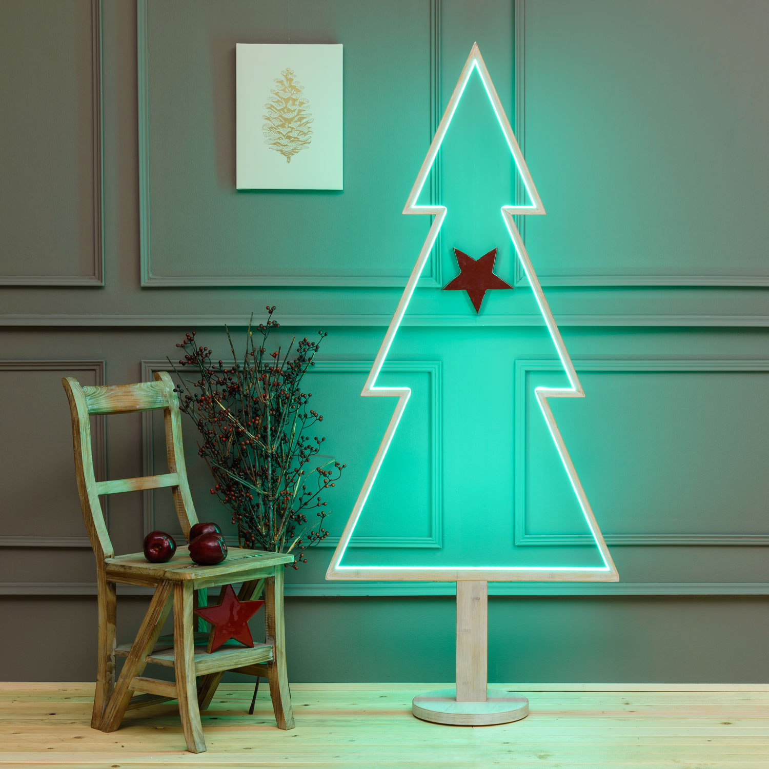 LED-Tannenbaum aus weißem Naturholz auf Fuß, 170 cm, RGB und warmweiß, Innenbereich 15 LED-Tannenbaum aus weißem Naturholz auf Fuß, 170 cm, RGB und warmweiß, Innenbereich 15