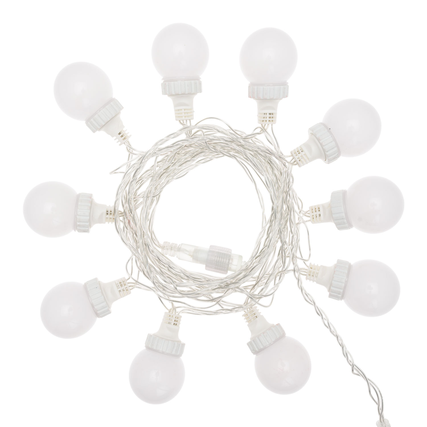 Catena 5 m, 10 sfere bianche Ø 50 mm, led bianco caldo, cavo trasparente, prolungabile 8 Catena 5 m, 10 sfere bianche Ø 50 mm, led bianco caldo, cavo trasparente, prolungabile 8