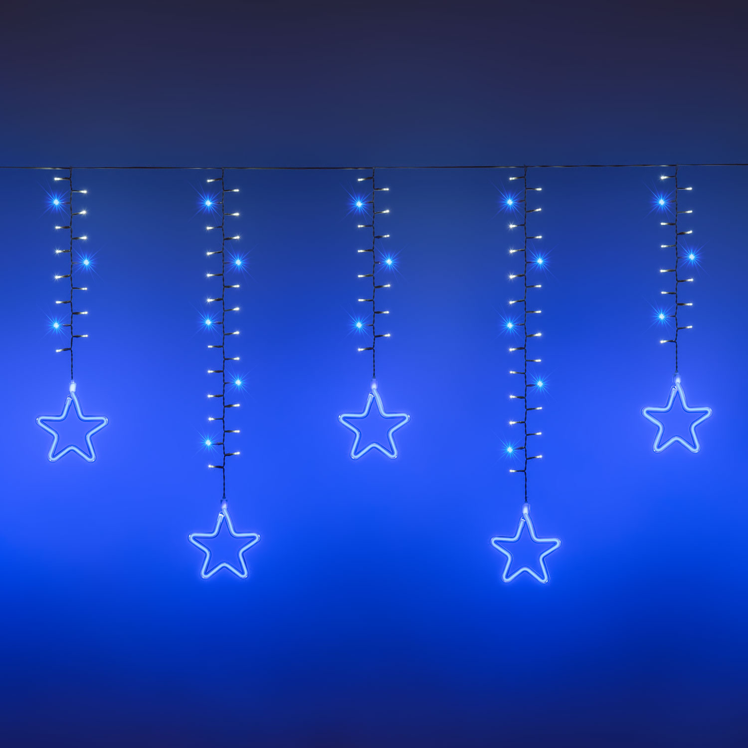Eisregen Cluster Lichterkette mit Neon-Sternen blau und 240 MiniLEDs kaltweiß, 3,6 x h 0,7 m Eisregen Cluster Lichterkette mit Neon-Sternen blau und 240 MiniLEDs kaltweiß, 3,6 x h 0,7 m
