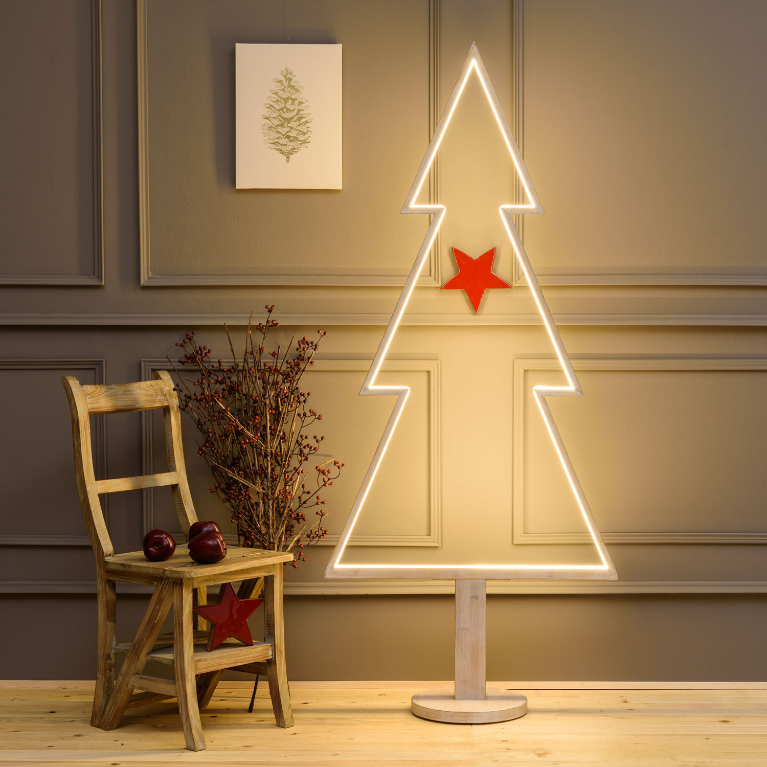 LED-Tannenbaum aus weißem Naturholz auf Fuß, 170 cm, RGB und warmweiß, Innenbereich 12 LED-Tannenbaum aus weißem Naturholz auf Fuß, 170 cm, RGB und warmweiß, Innenbereich 12