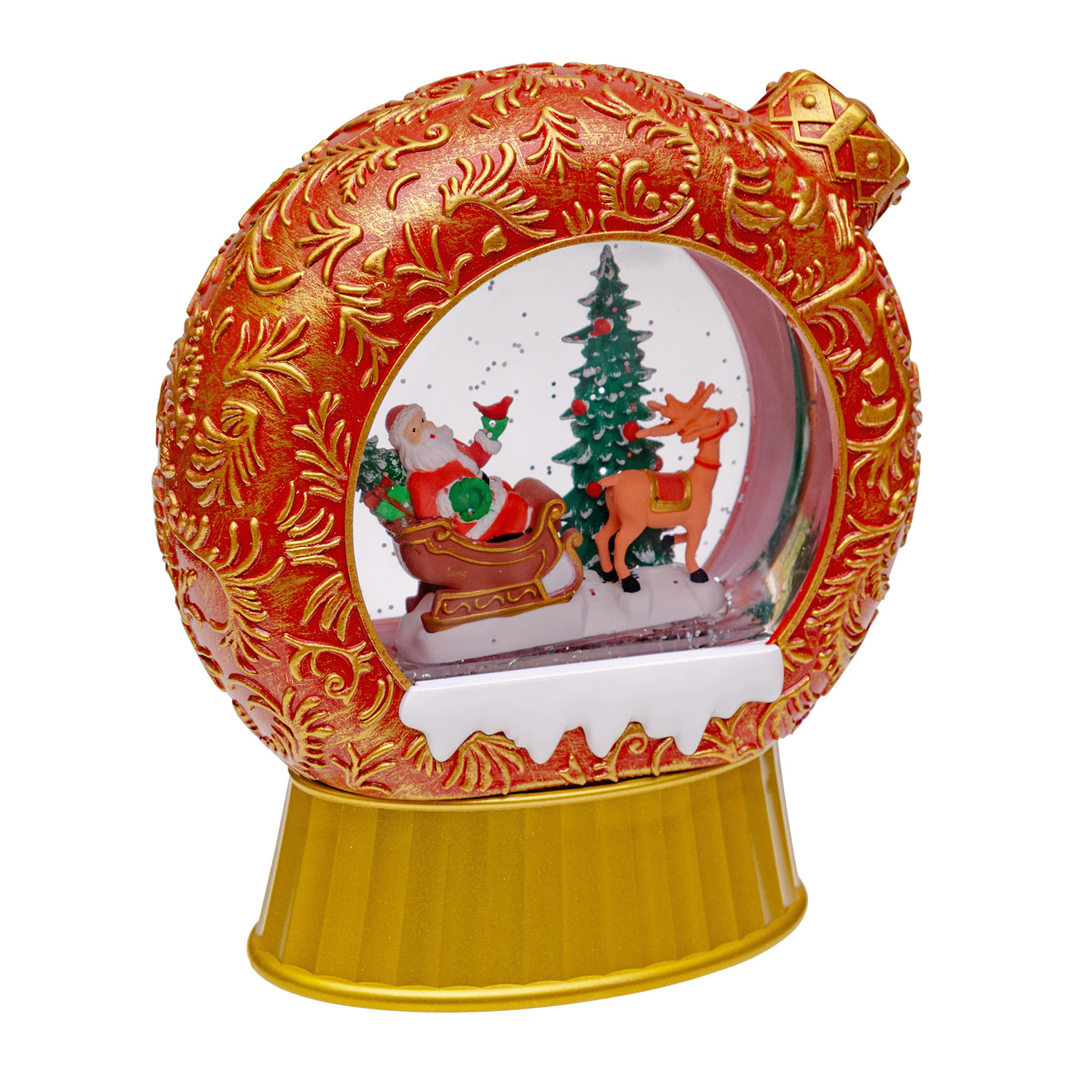 Lanterne de Noël Sphère plate rouge patiné, paillettes scintillantes, h 20 cm, musiques de Noël, LED blanc chaud 6