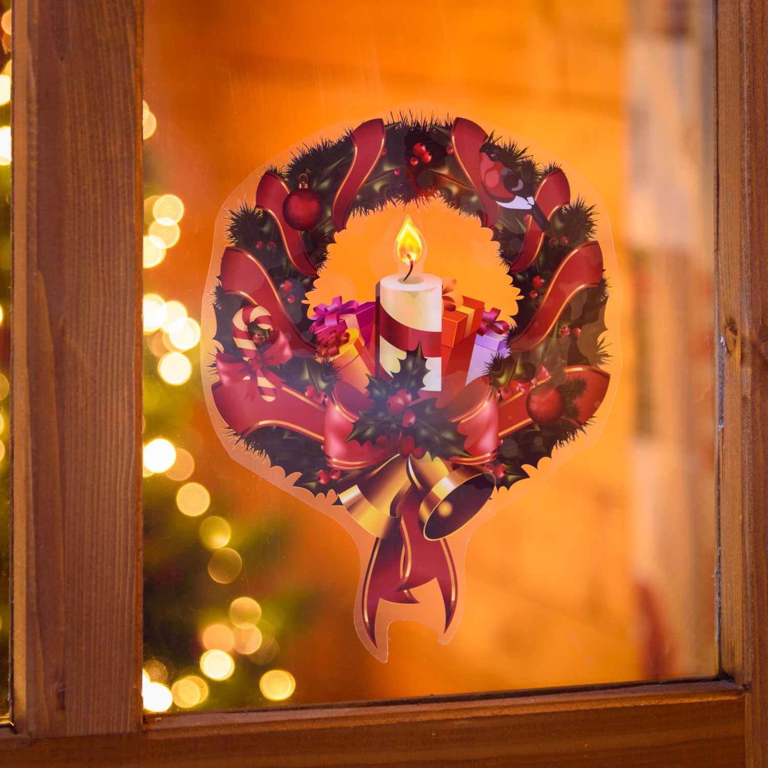 Autocollant vitre de Noël à pile, Couronne avec Bougie avec timer, 25 cm Autocollant vitre de Noël à pile, Couronne avec Bougie avec timer, 25 cm