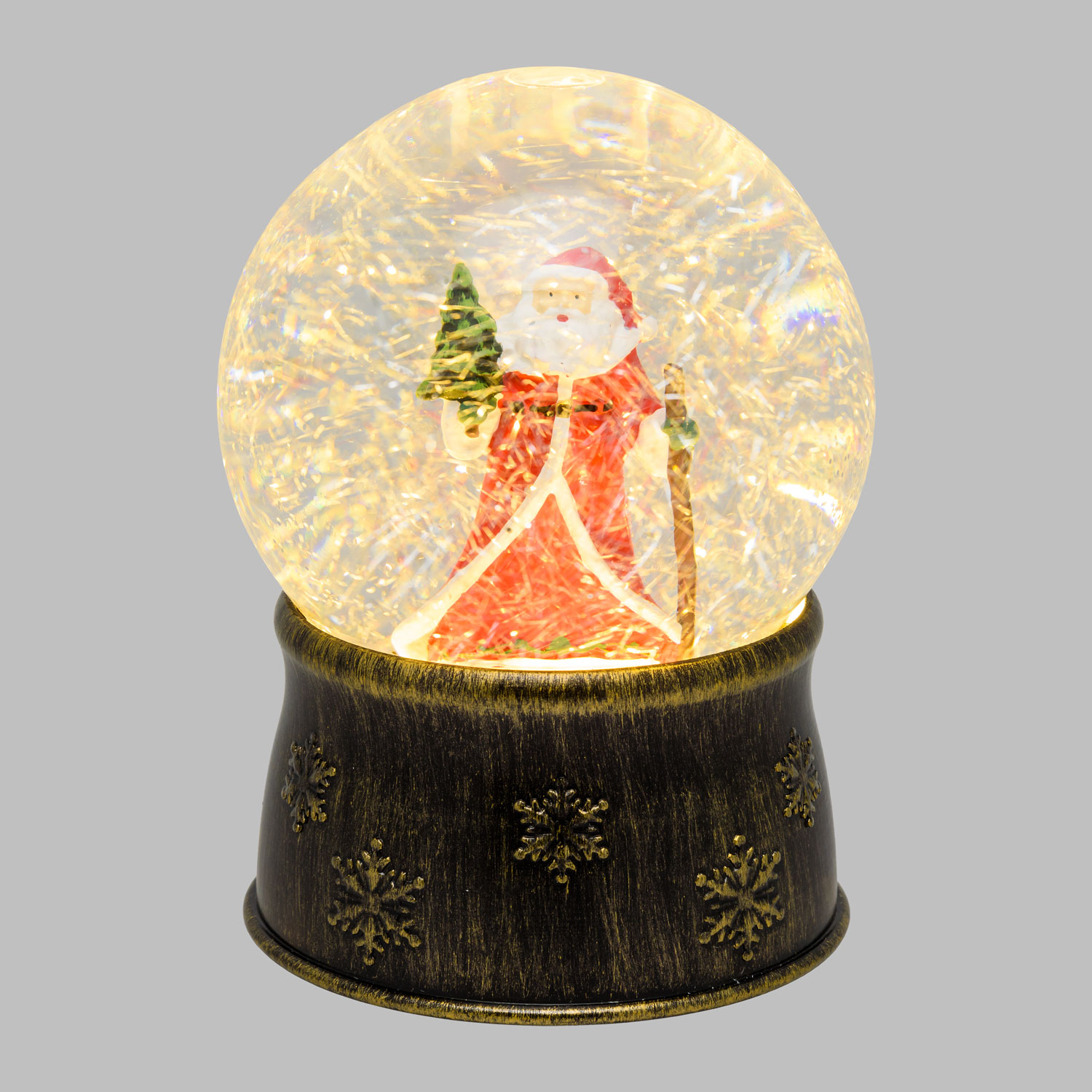 Sfera in vetro con base brunita a batteria con nevicata e Babbo Natale, h. 17 cm, led bianco caldo 6 Sfera in vetro con base brunita a batteria con nevicata e Babbo Natale, h. 17 cm, led bianco caldo 6