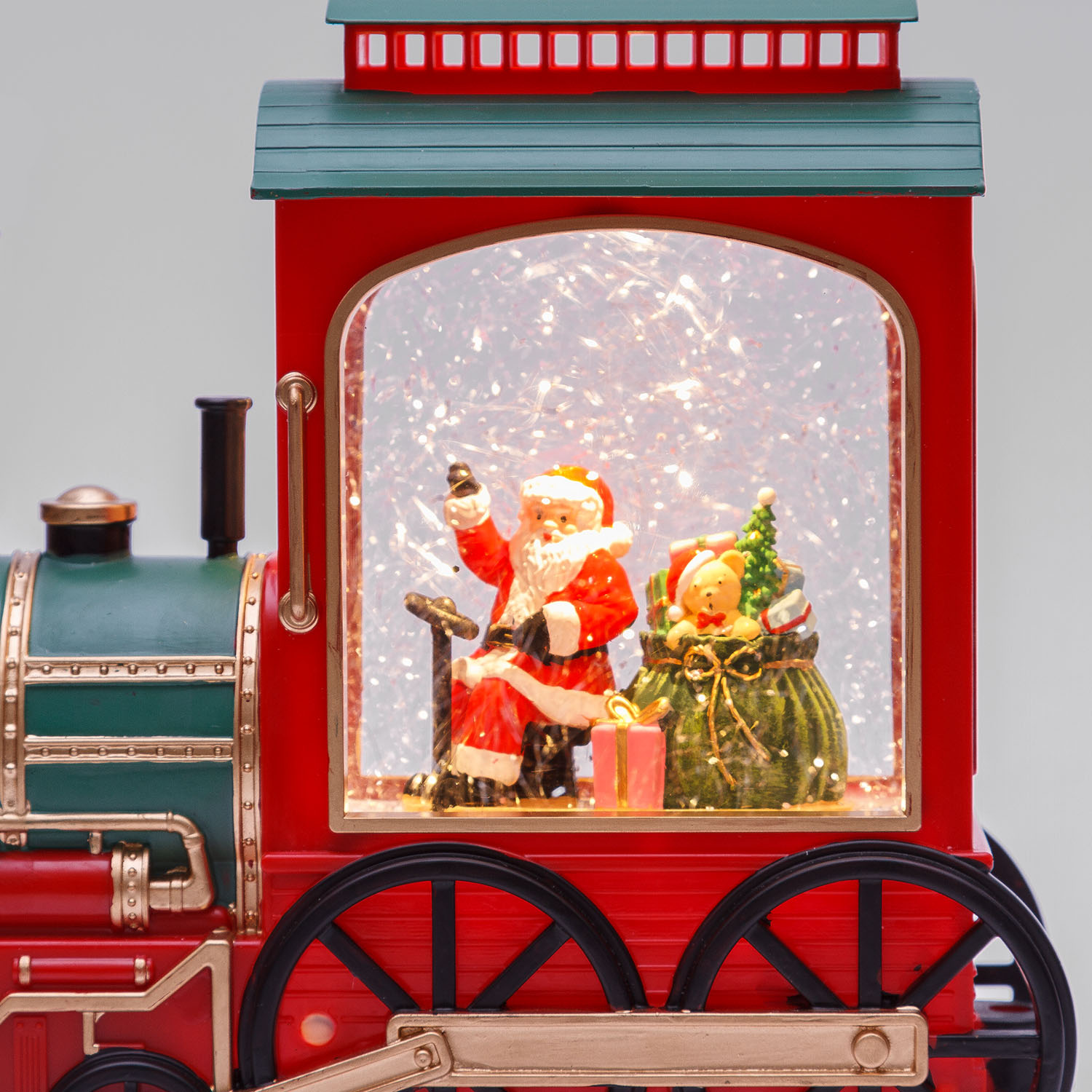 Locomotiva Verde-Rosso-Oro, glitter scintillanti, h 20 cm, musiche natalizie, led bianco caldo 6