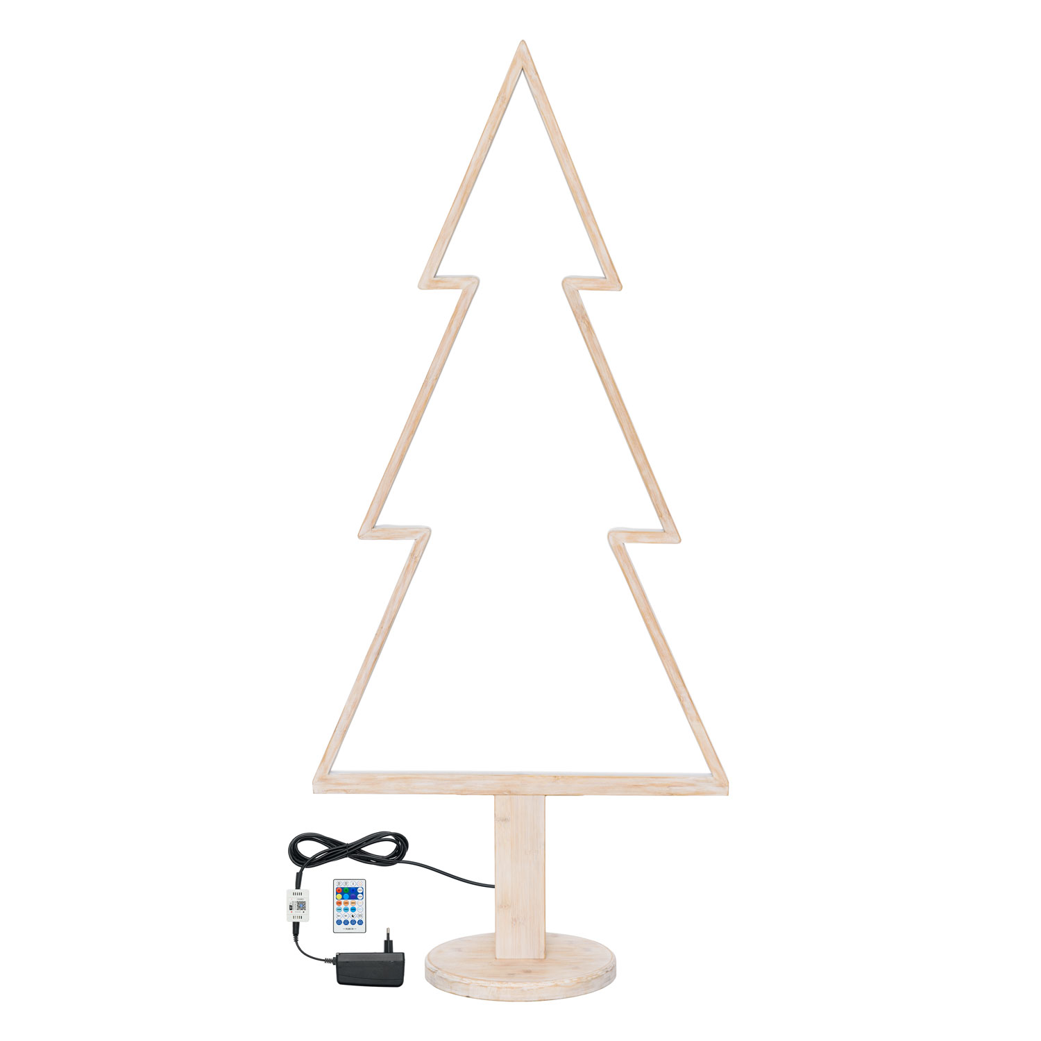 LED-Tannenbaum aus weißem Naturholz auf Fuß, 145 cm, RGB und warmweiß, Innenbereich 14 LED-Tannenbaum aus weißem Naturholz auf Fuß, 145 cm, RGB und warmweiß, Innenbereich 14