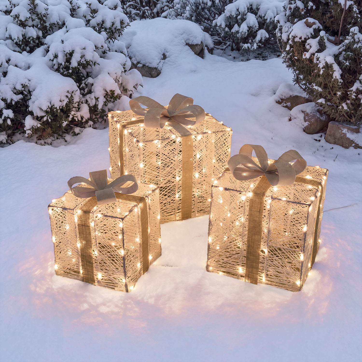 Set of 3 3D Gift Boxes, Light Cream & Brown, 240 Dual LEDs in Traditional Warm White and Cold White 13