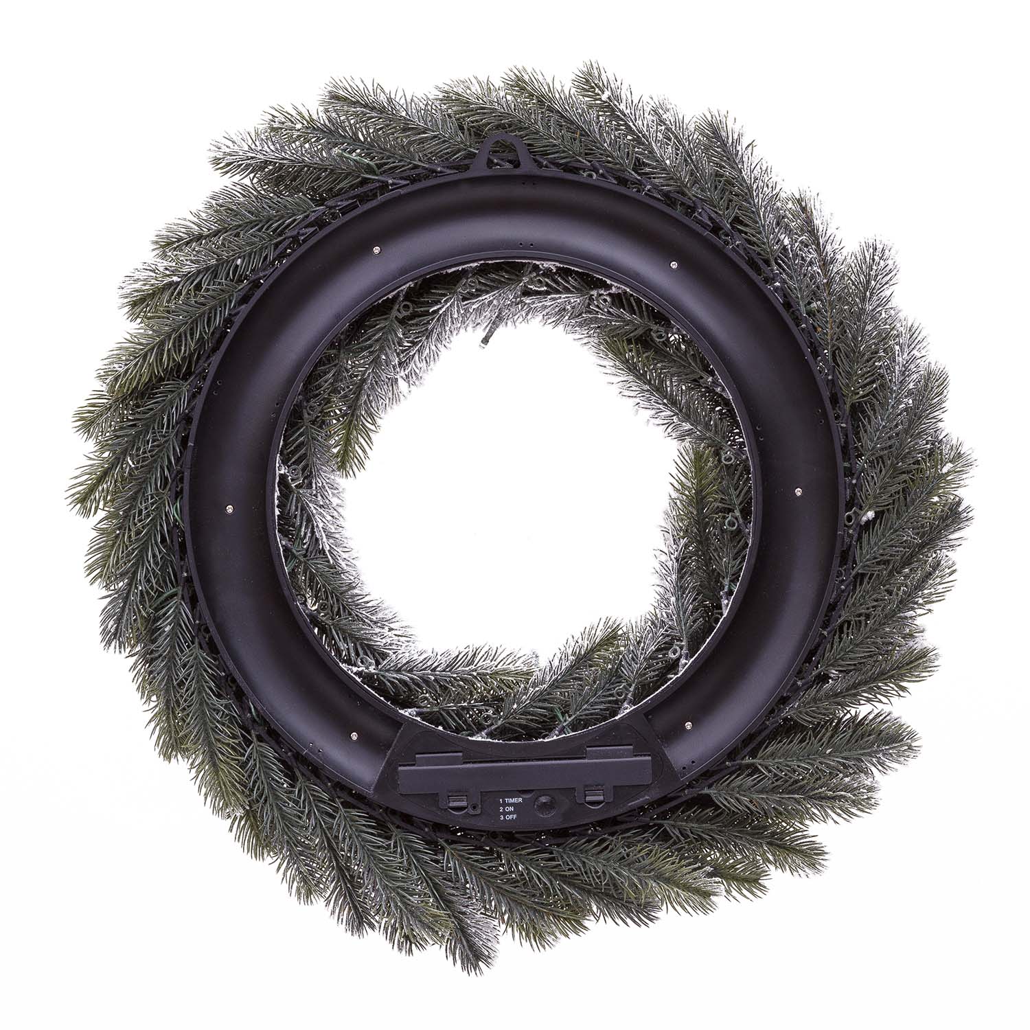 Corona Alpino in finto pino a batteria, floccato bianco, Ø 60 cm, 80 led integrati bianco caldo 7