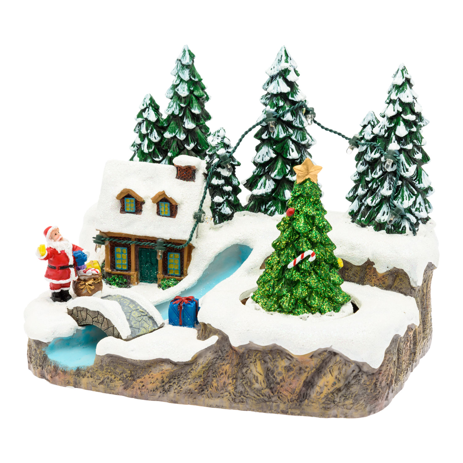Weihnachtsdorf aus Polyresin, Bach mit Brücke und rotierendem Baum, h 15 cm, mit Weihnachtslieder 8 Weihnachtsdorf aus Polyresin, Bach mit Brücke und rotierendem Baum, h 15 cm, mit Weihnachtslieder 8
