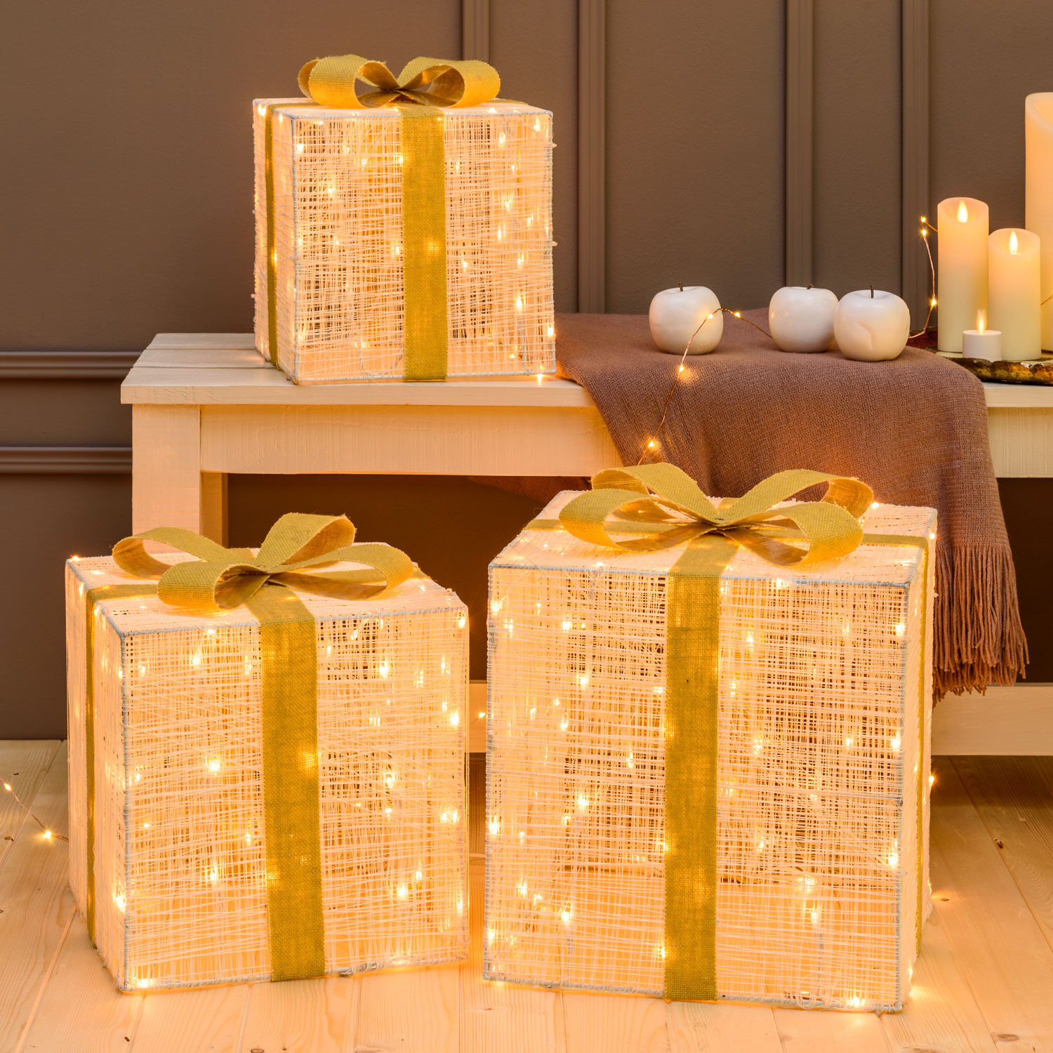 Lot de 3 paquets cadeaux Light Cream & Brown, 240 led blanc chaud traditionnel Lot de 3 paquets cadeaux Light Cream & Brown, 240 led blanc chaud traditionnel