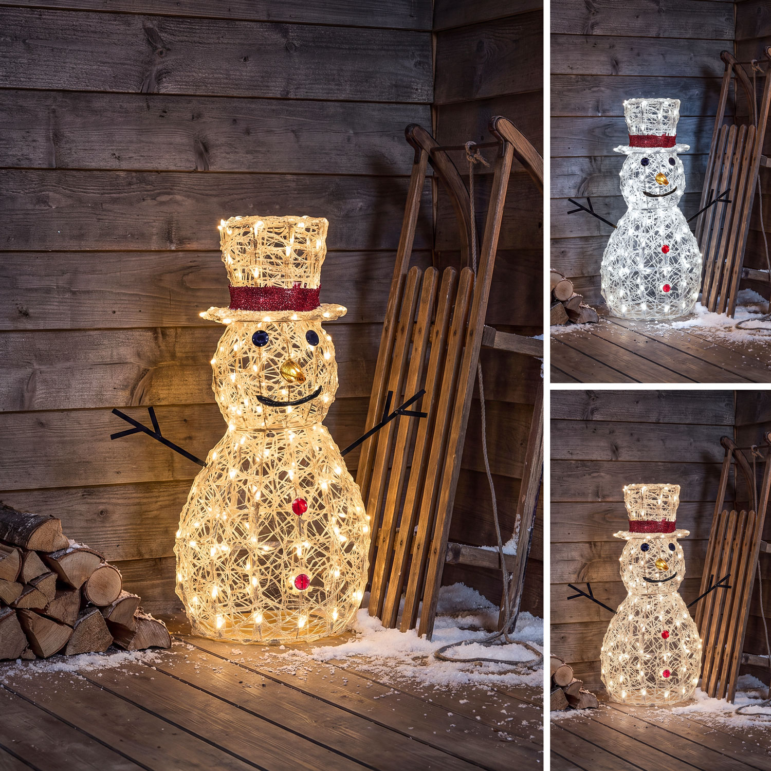 Muñeco de Nieve 3D acrílico transparente, h70 cm, 160 Dual LED blanco cálido y frío