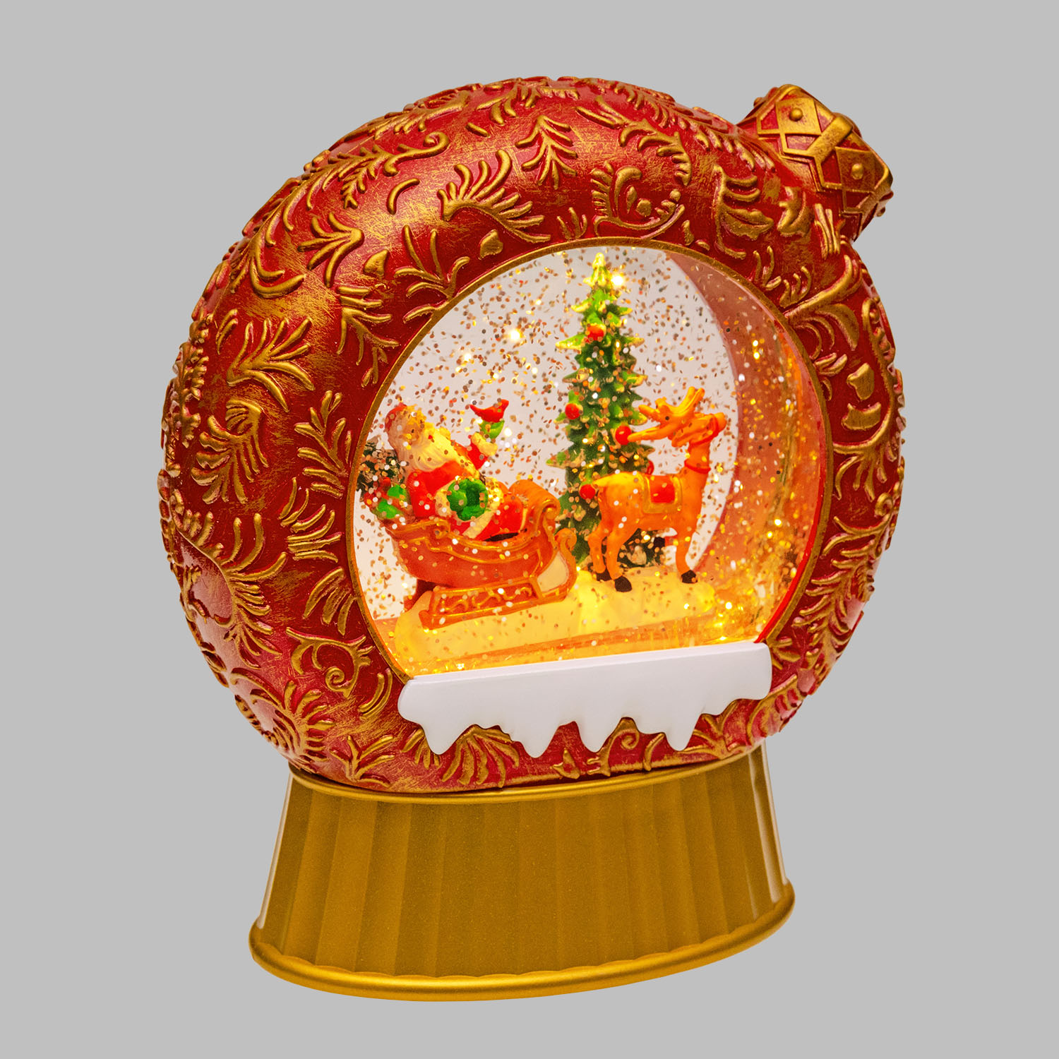 Lanterne de Noël Sphère plate rouge patiné, paillettes scintillantes, h 20 cm, musiques de Noël, LED blanc chaud Lanterne de Noël Sphère plate rouge patiné, paillettes scintillantes, h 20 cm, musiques de Noël, LED blanc chaud