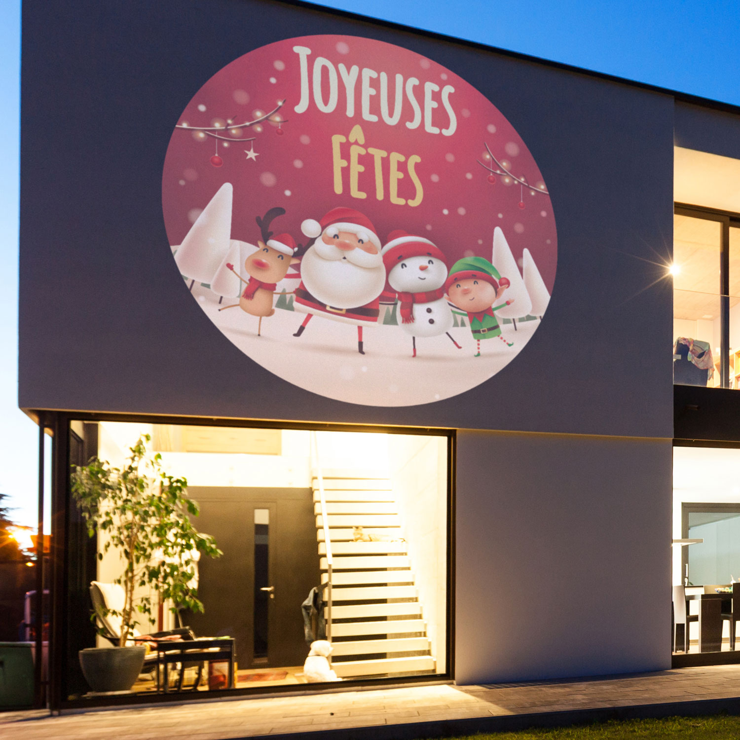 Gobo Elfe Renne Bonhomme de neige et Père Noël Joyeuses Fêtes pour projecteurs professionnels, Ø30-20 mm, couleurs 2 Gobo Elfe Renne Bonhomme de neige et Père Noël Joyeuses Fêtes pour projecteurs professionnels, Ø30-20 mm, couleurs 2