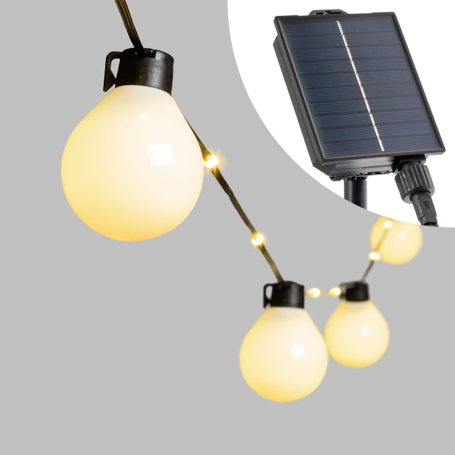 Solar Party-Lichterkette 8 m mit beleuchtetem Kabel , 20 weiße Birnen, 58 LEDs warmweiß, schwarzes Kabel 3 Solar Party-Lichterkette 8 m mit beleuchtetem Kabel , 20 weiße Birnen, 58 LEDs warmweiß, schwarzes Kabel 3