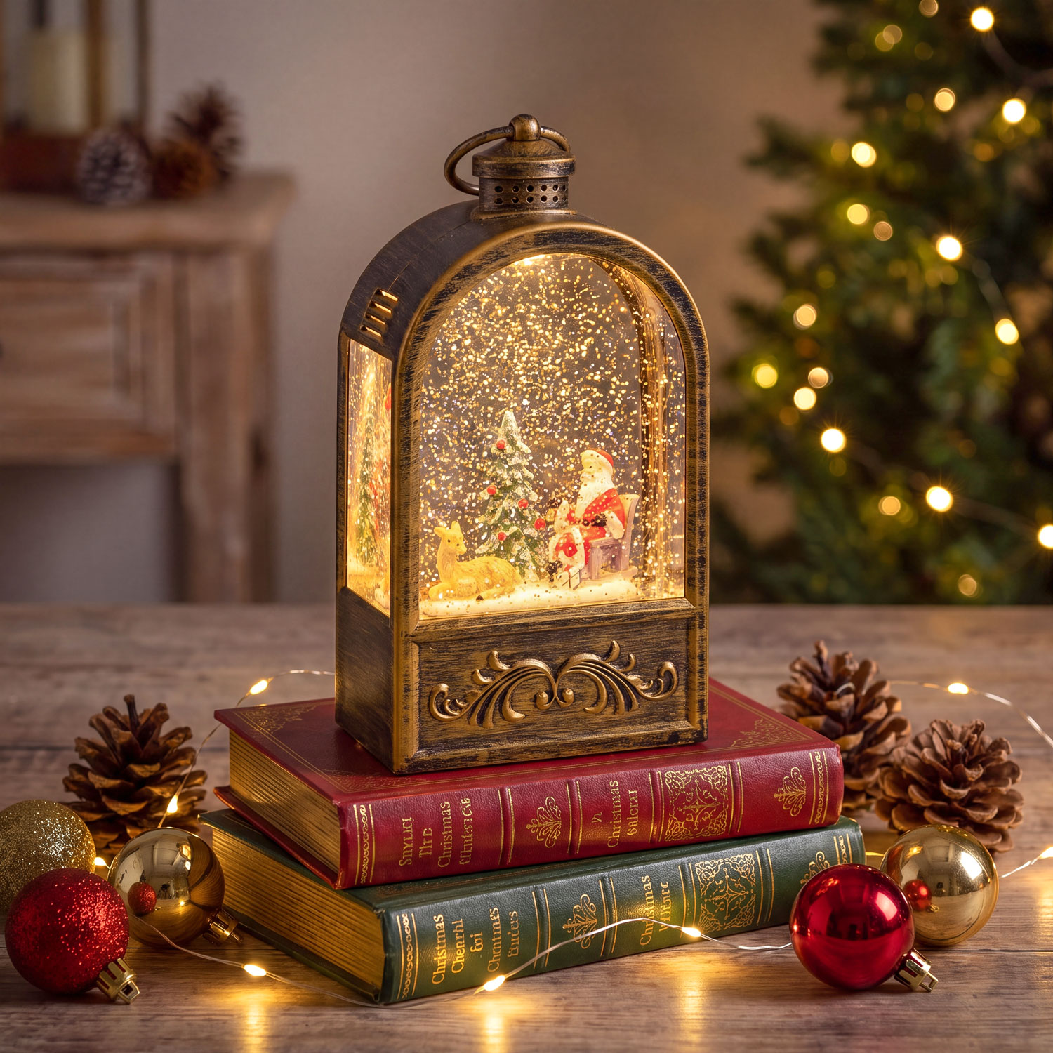 Weihnachtslaterne Bogen, braun patiniert, funkelnder Glitter, H 24 cm, Weihnachtslieder, warmweiße LEDs