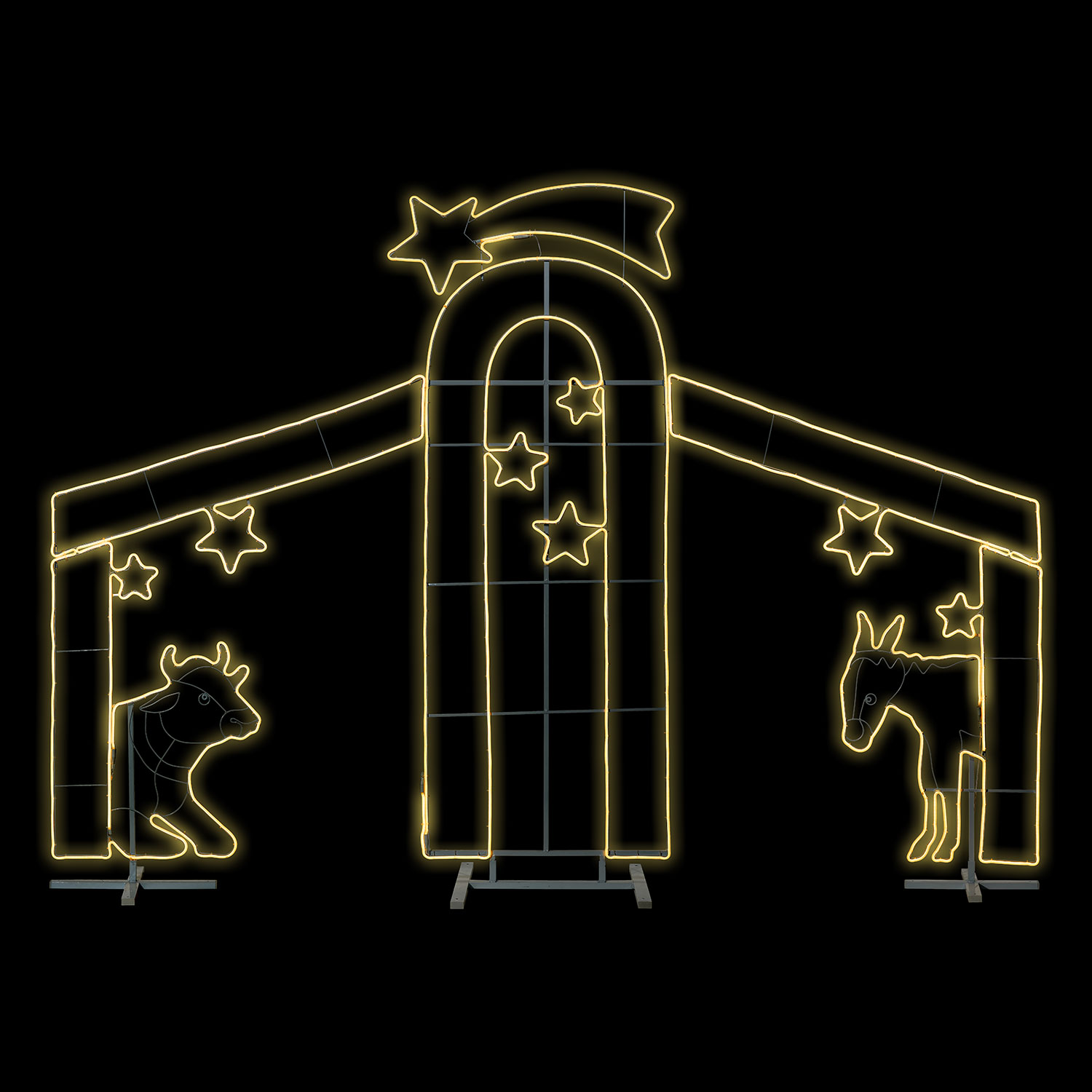 Lampe Crèche, Étable Maxi en tube lumineux effet néon avec Bœuf, Âne, et Étoile, led blanc chaud Lampe Crèche, Étable Maxi en tube lumineux effet néon avec Bœuf, Âne, et Étoile, led blanc chaud
