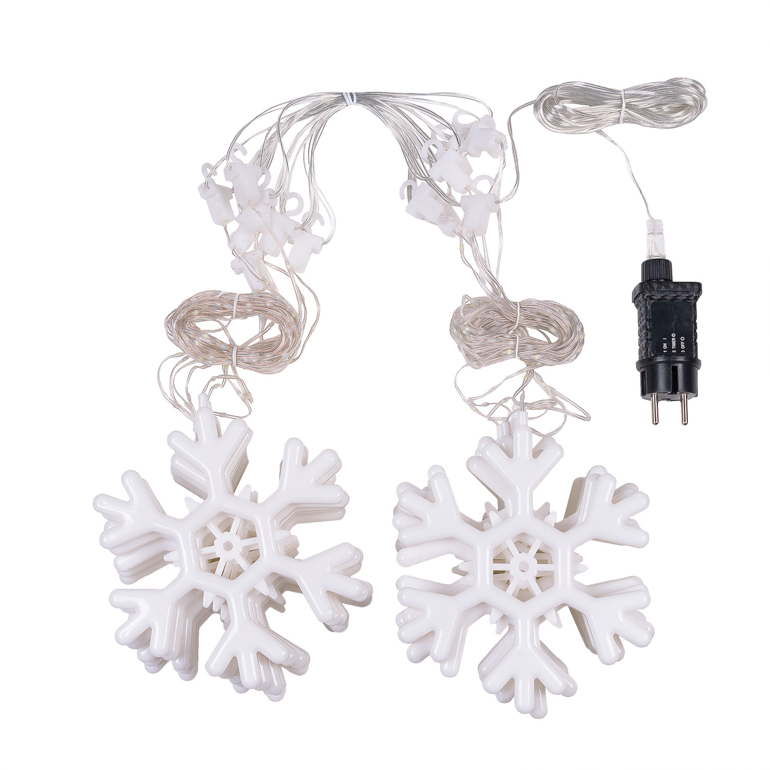 3.25 x h 1.15 m, 420 cold white Light Drops LEDs Icicle Lights with 14 Snowflakes, transparent cable 3