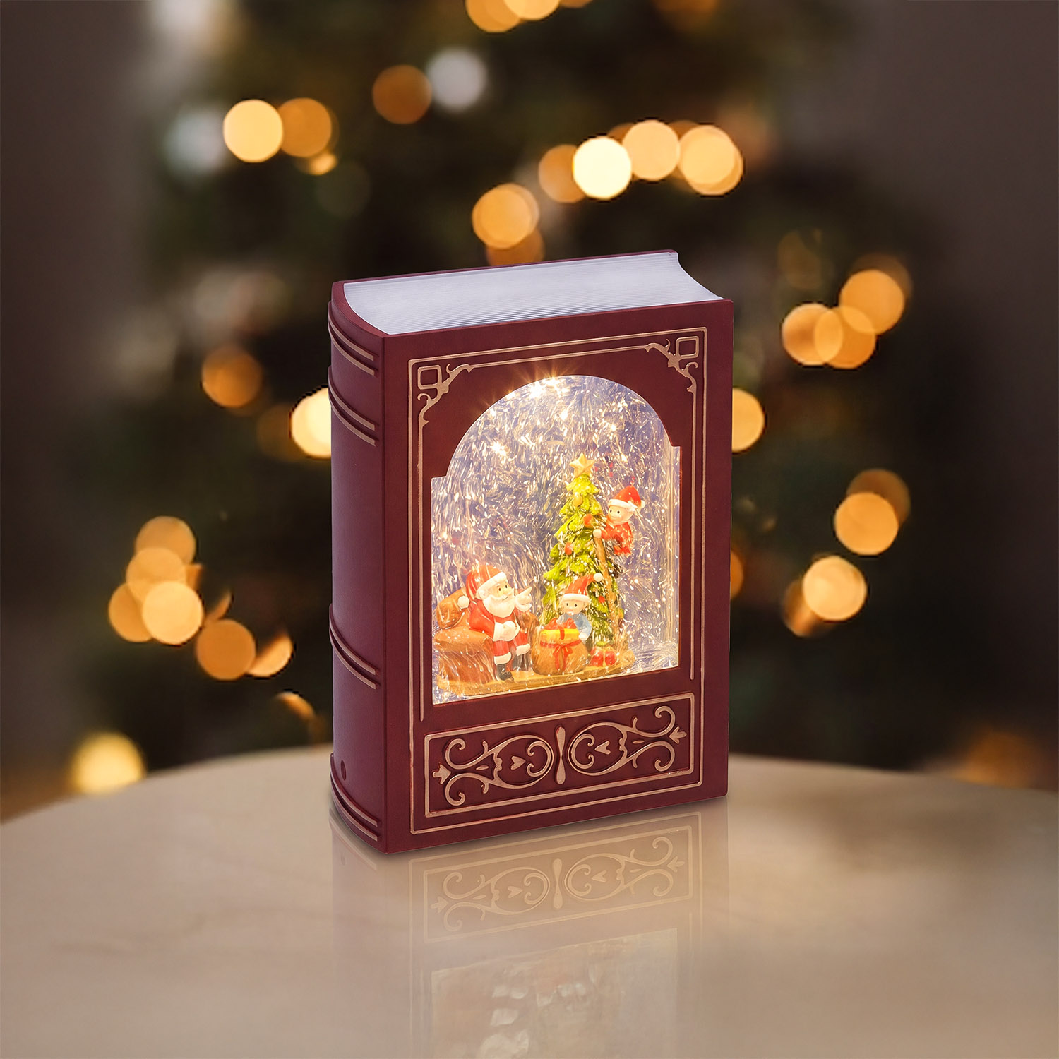 Lanterna natalizia Libro Bordeaux-Oro, glitter scintillanti, h 23 cm, musiche natalizie, led bianco caldo