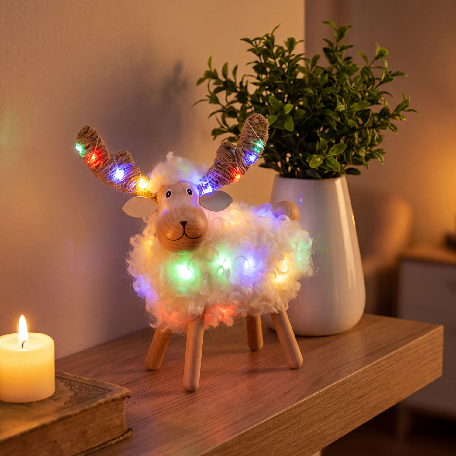 Moutonenne lumineux 3D en bois, à piles, h 23 cm, Dual Color MicroLED blanc chaud et multicolore, usage intérieur