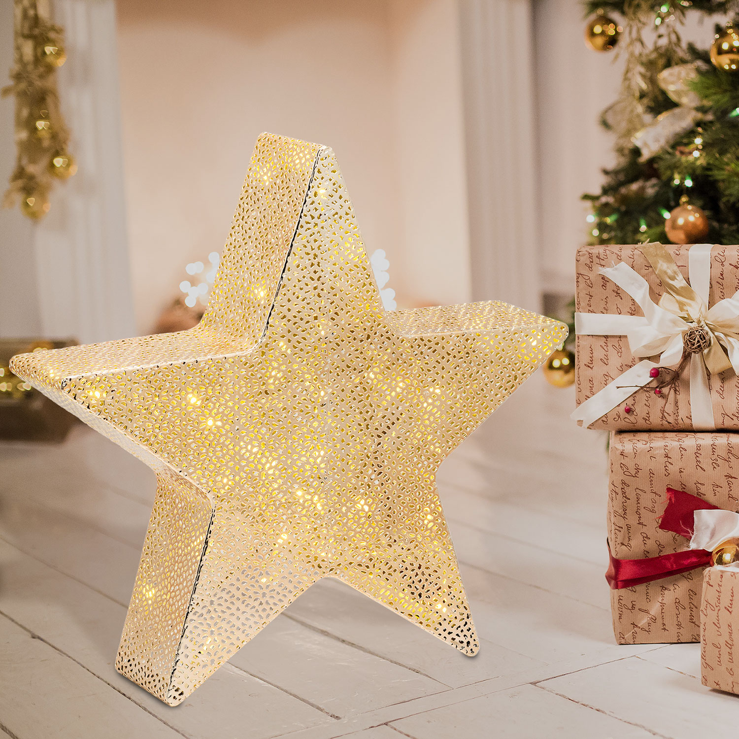 Estrella de metal perforado champagne Ø 40cm, led blanco cálido 2 Estrella de metal perforado champagne Ø 40cm, led blanco cálido 2