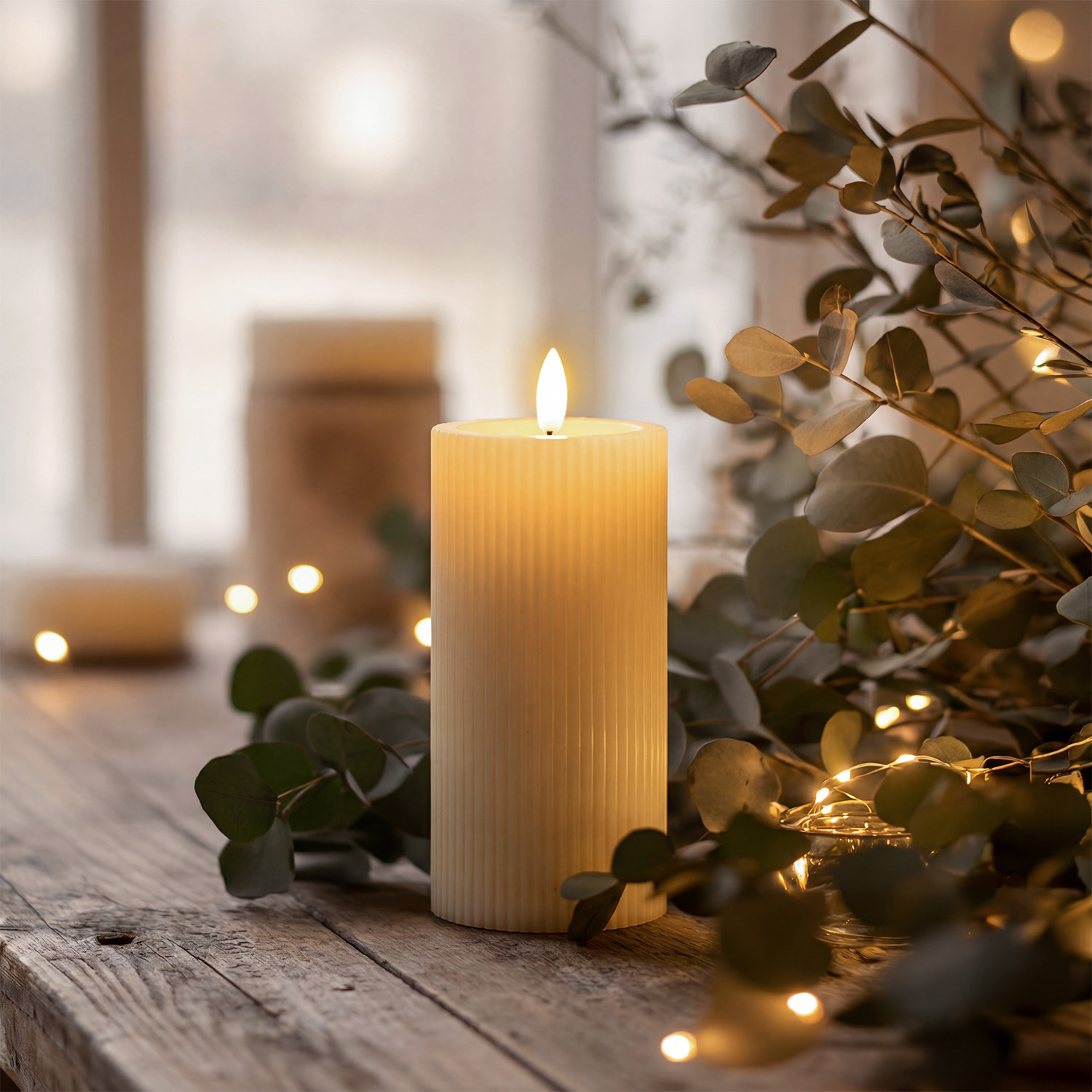 Vela a rayas marfil, llama 3D con mecha y efecto de cera derretida, h 15 cm, Ø 7,5 cm, uso exterior