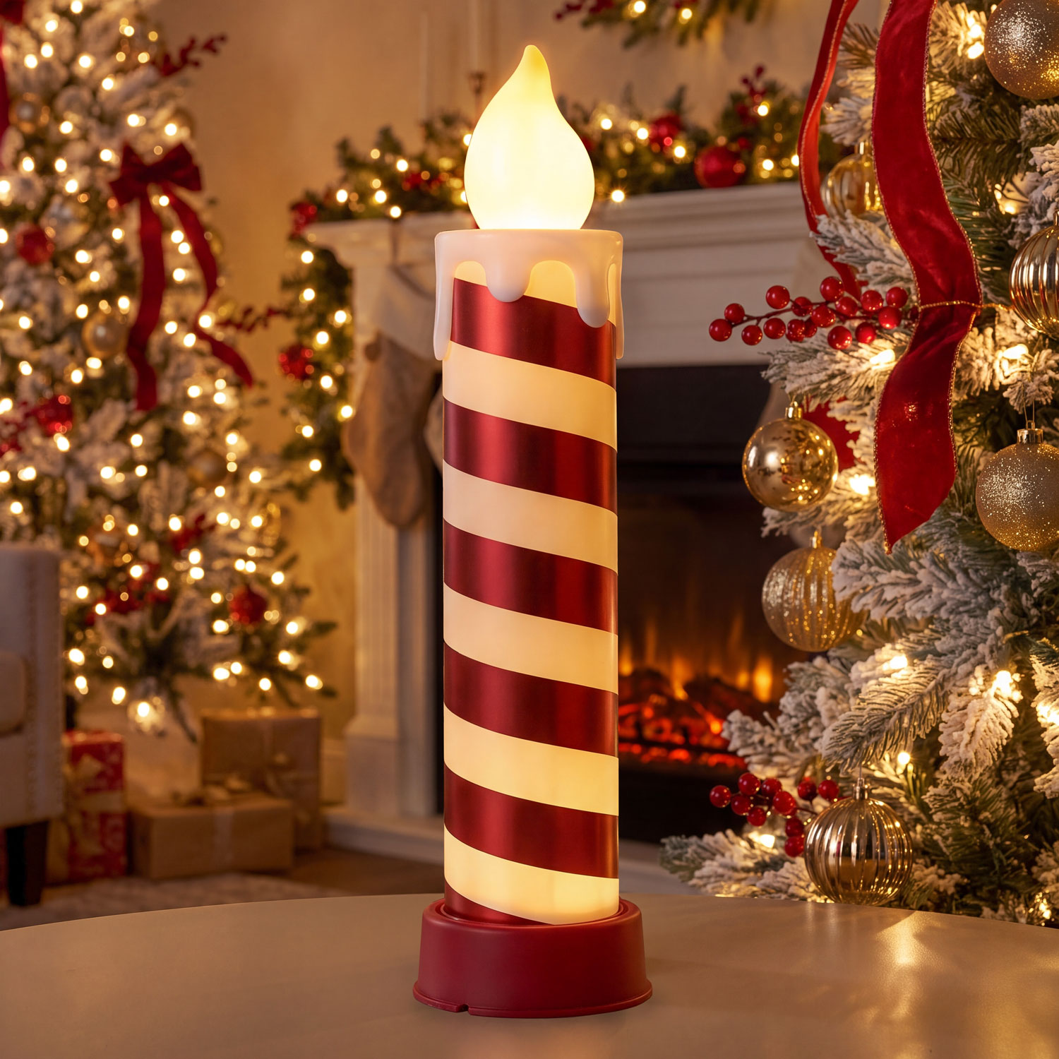 Bougie Géante blanche et rouge à piles, h 58 cm, effet flamme, LED blanc chaud
