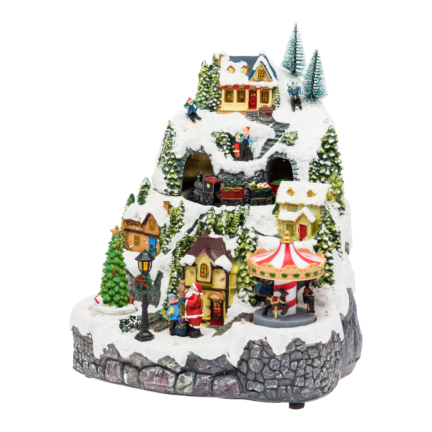 Pueblo de Navidad nevado con Trenecito, Árbol y Tiovivo giratorios, h 31 cm, villancicos 3 Pueblo de Navidad nevado con Trenecito, Árbol y Tiovivo giratorios, h 31 cm, villancicos 3
