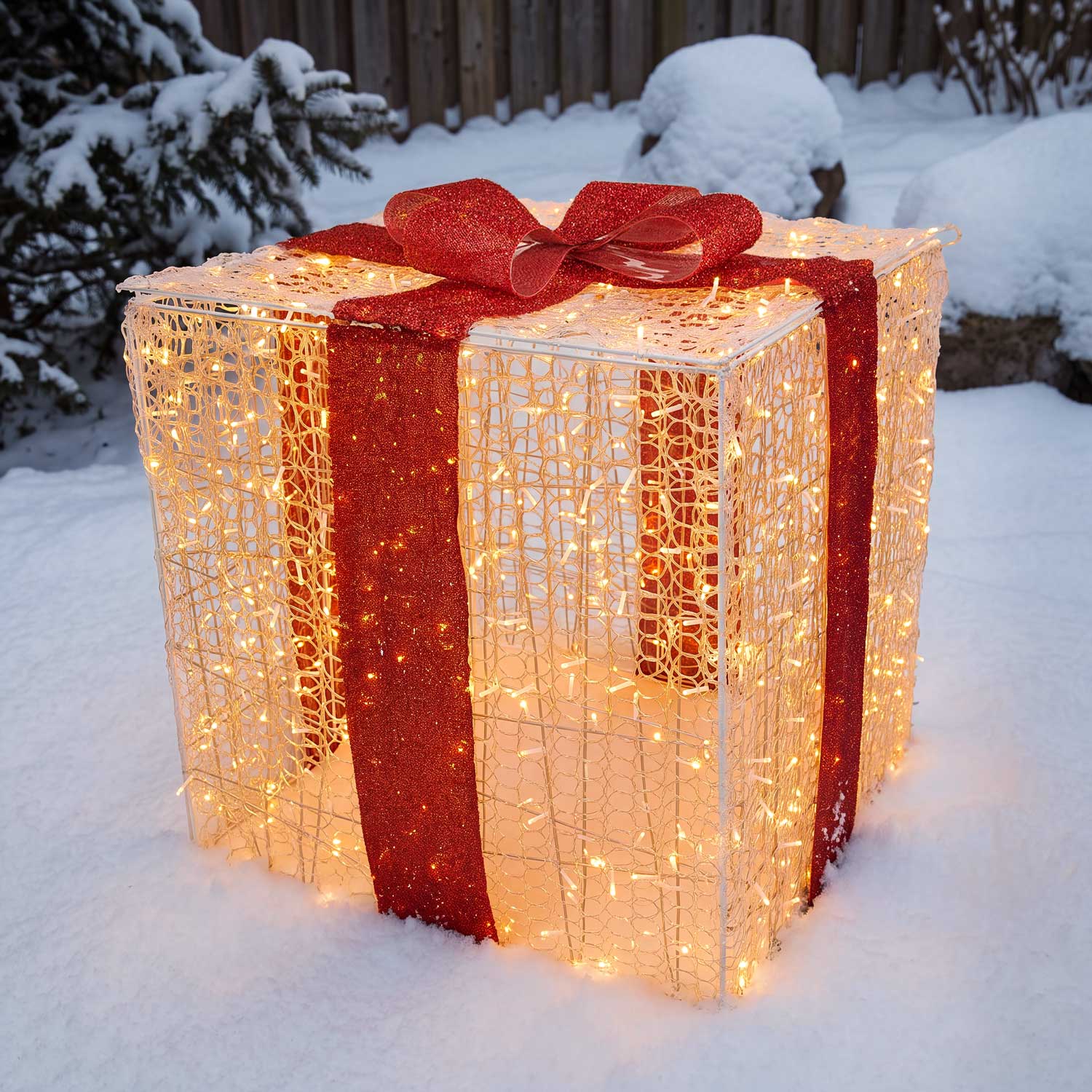 Paquet cadeau 3D en acrylique transparent, h 85 cm, 1000 Dual LED blanc chaud et blanc froid 10