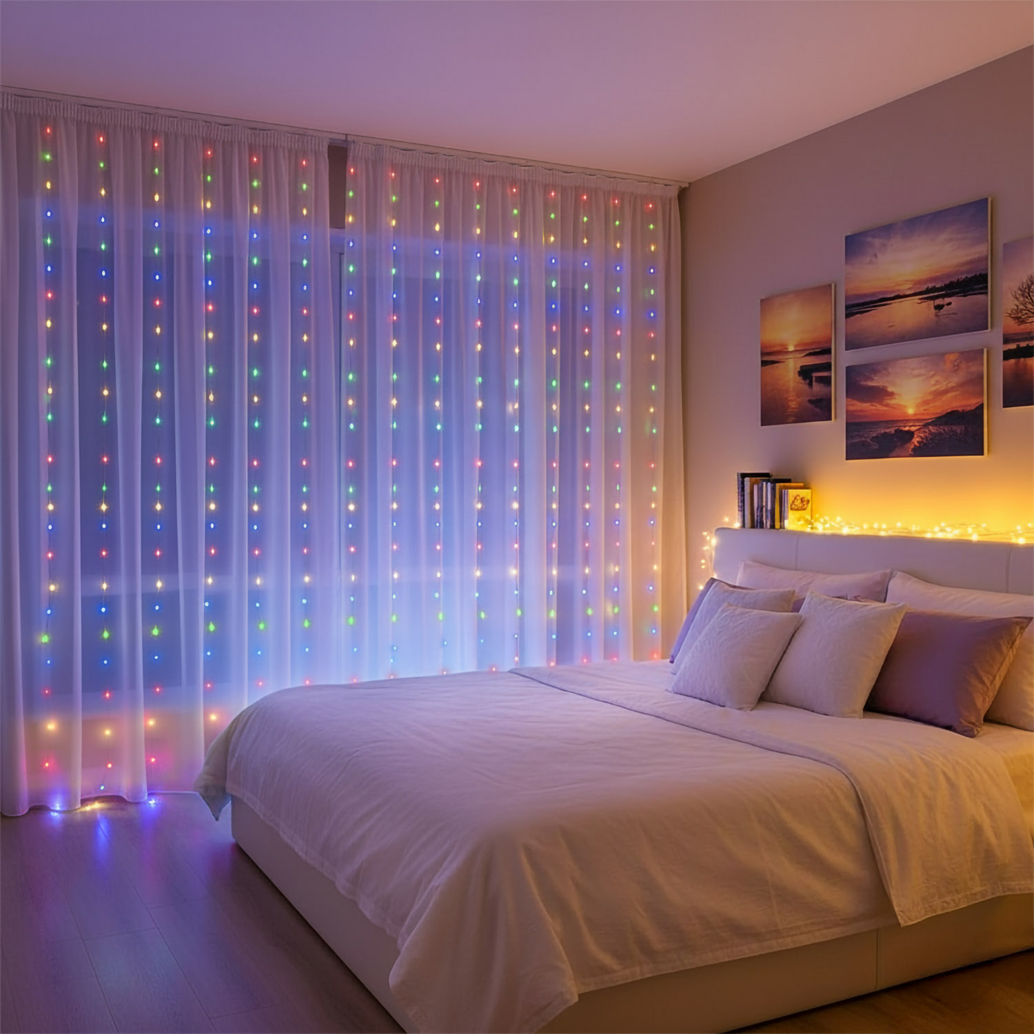 Tenda 3 x h. 3 m, 300 Gocce di Luce Dual Color, led bianco caldo e multicolor, cavo trasparente