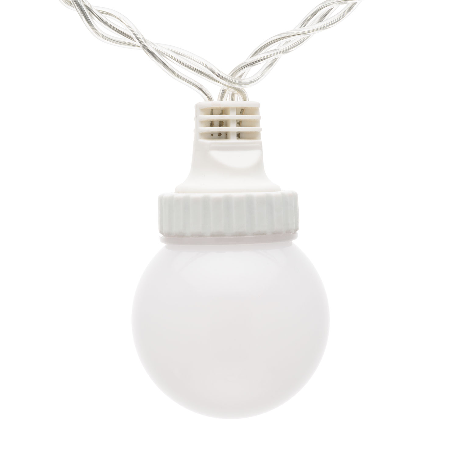 Catena 5 m, 10 sfere bianche Ø 50 mm, led bianco caldo, cavo trasparente, prolungabile 9 Catena 5 m, 10 sfere bianche Ø 50 mm, led bianco caldo, cavo trasparente, prolungabile 9