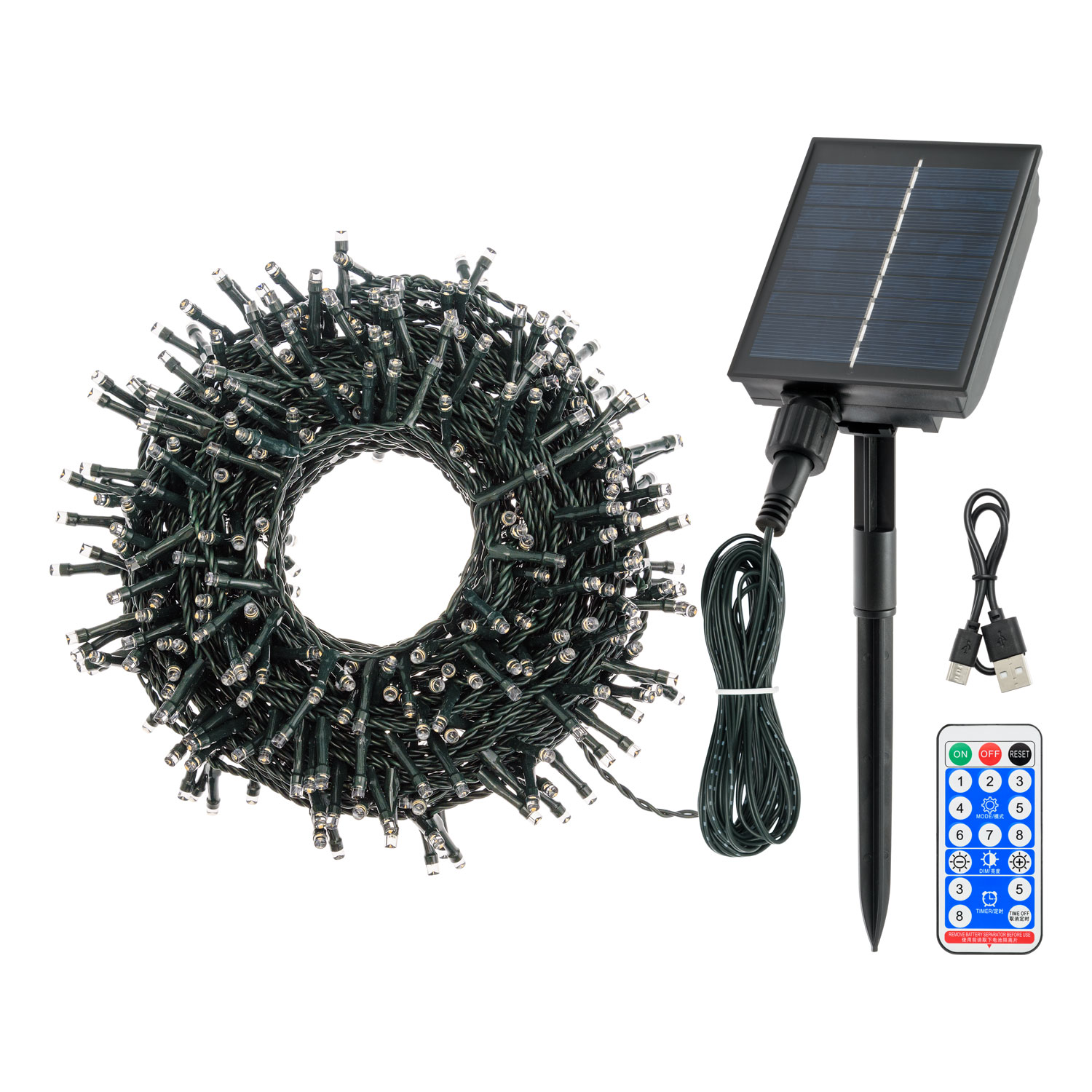 Catena solare 20 m, 400 led bianco caldo, cavo verde, Power Bank con ricarica USB 2 Catena solare 20 m, 400 led bianco caldo, cavo verde, Power Bank con ricarica USB 2