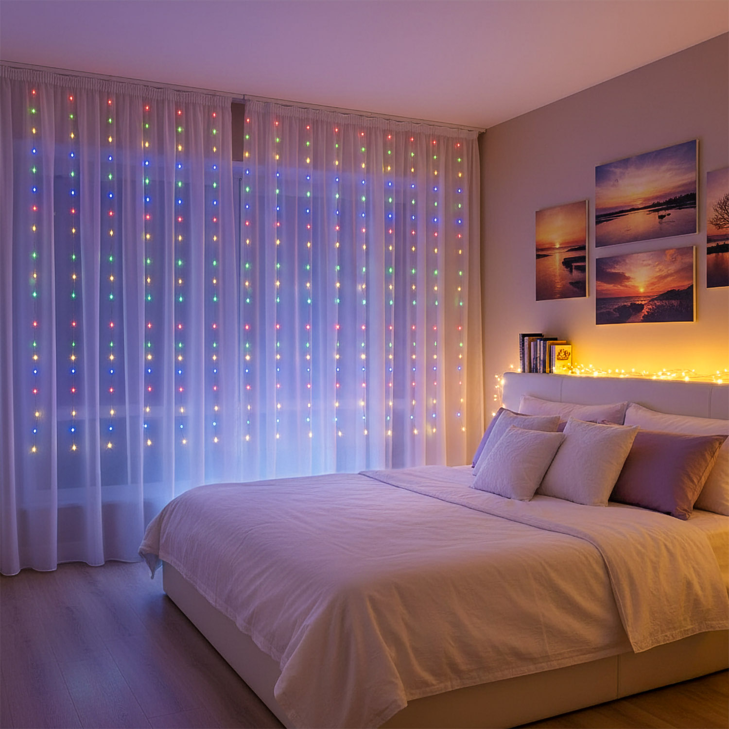 Tenda 2 x h 2 m, 200 Gocce di Luce Dual Color, led bianco caldo e multicolor, cavo trasparente