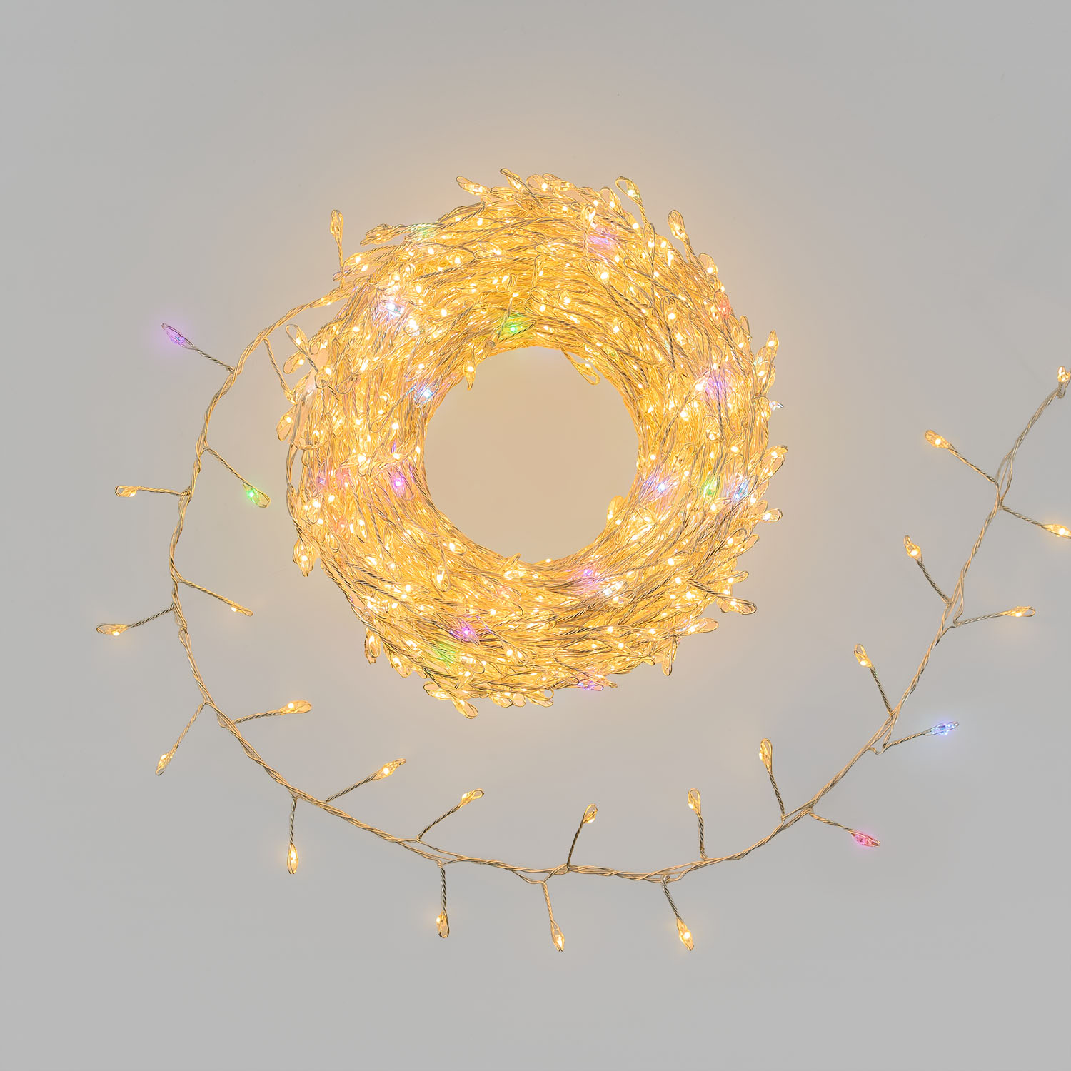 Catena Nastro di Luce 20 m, 1000 microled bianco caldo e RGB, cavo metal argento