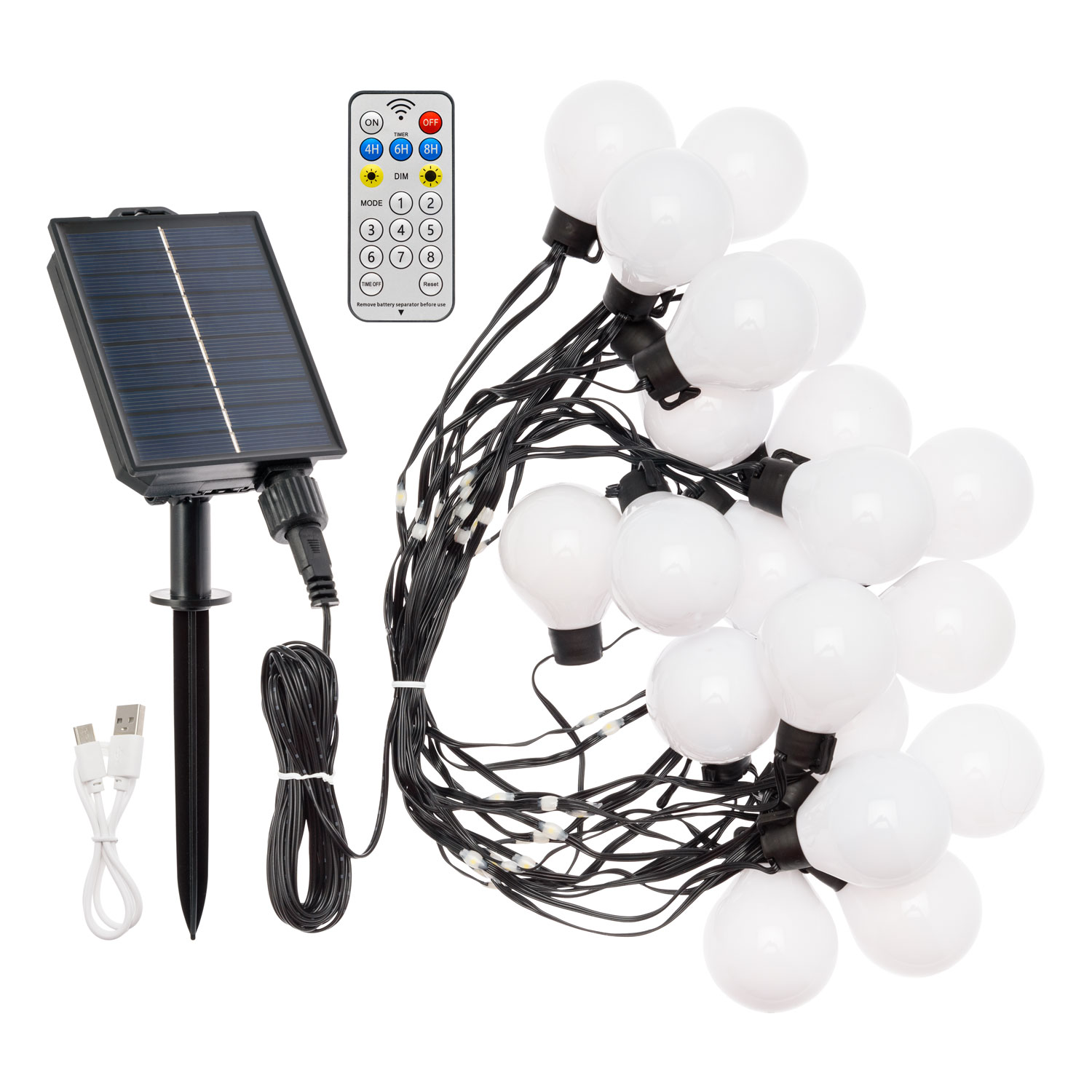 Solar Party-Lichterkette 8 m mit beleuchtetem Kabel , 20 weiße Birnen, 58 LEDs warmweiß, schwarzes Kabel 8 Solar Party-Lichterkette 8 m mit beleuchtetem Kabel , 20 weiße Birnen, 58 LEDs warmweiß, schwarzes Kabel 8