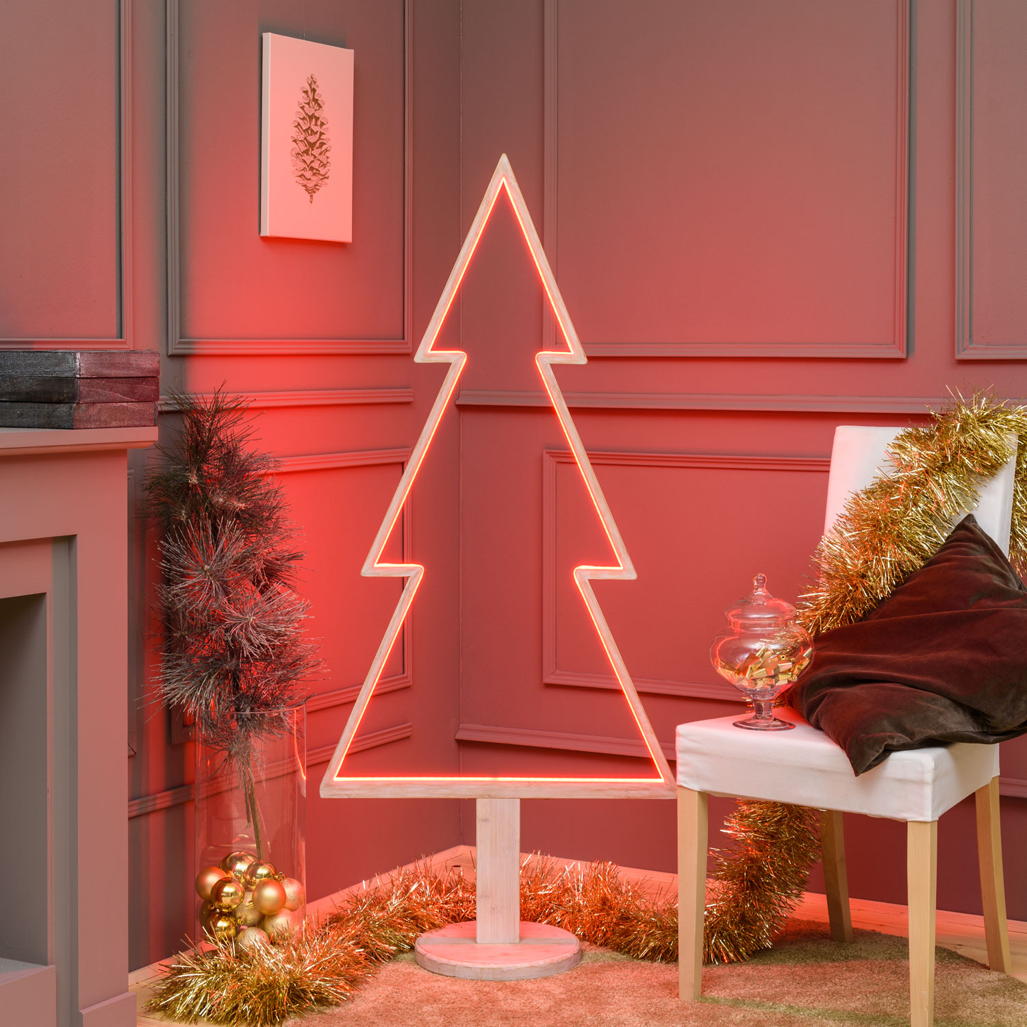 LED-Tannenbaum aus weißem Naturholz auf Fuß, 145 cm, RGB und warmweiß, Innenbereich 15 LED-Tannenbaum aus weißem Naturholz auf Fuß, 145 cm, RGB und warmweiß, Innenbereich 15