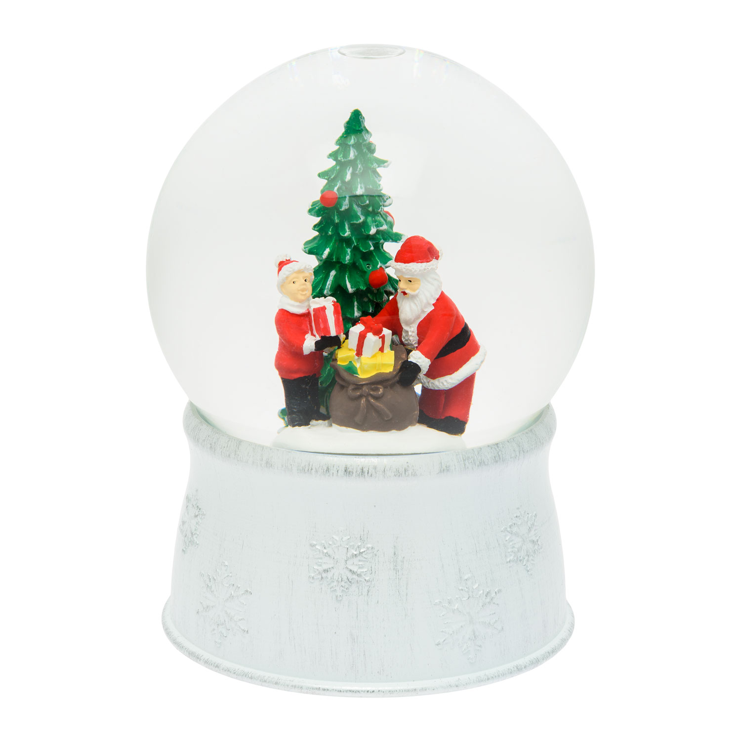 Weiße LED Schneekugel Weihnachtsmänner und Tannenbaum, h. 17 cm, warmweiß 4 Weiße LED Schneekugel Weihnachtsmänner und Tannenbaum, h. 17 cm, warmweiß 4