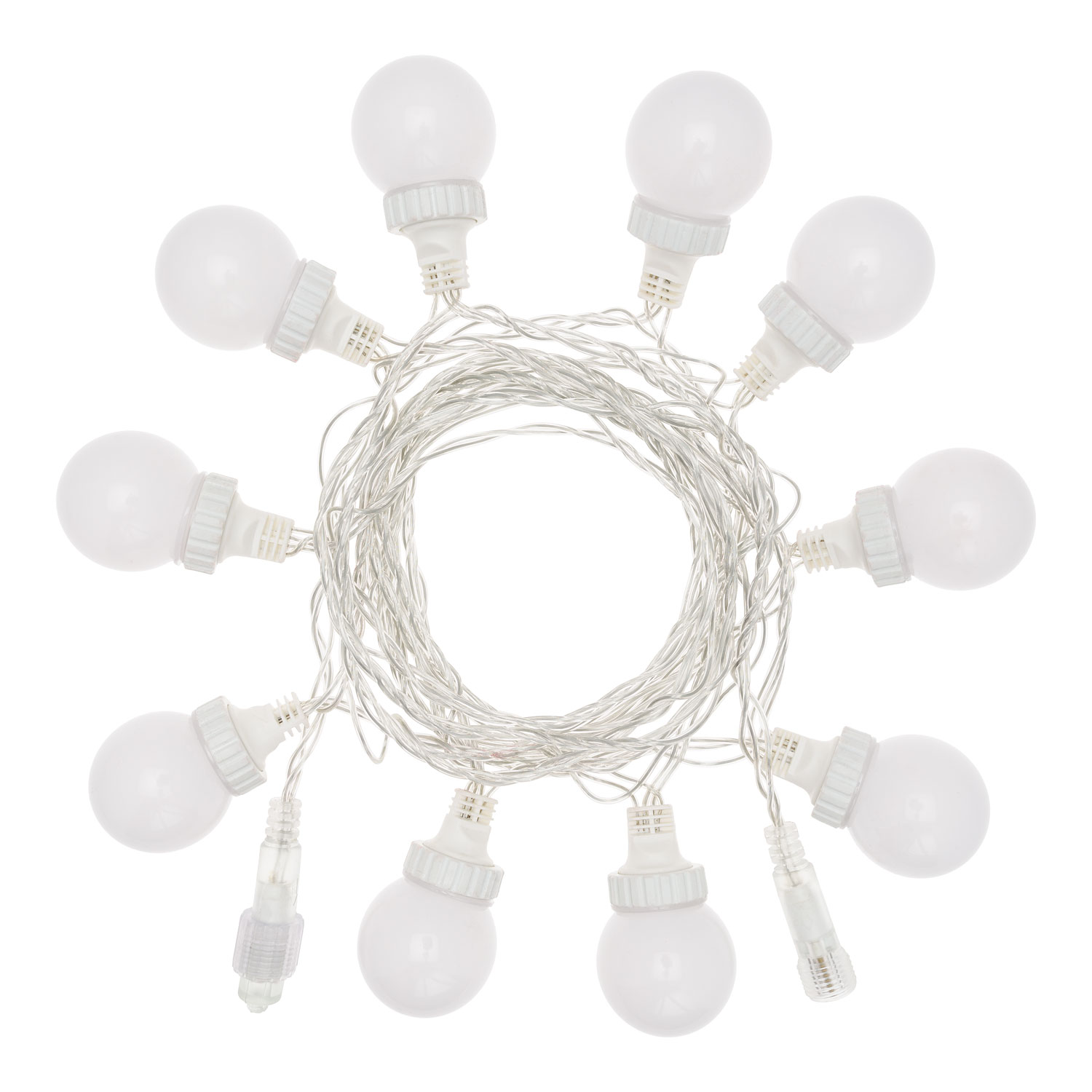 Catena 5 m, 10 sfere bianche Ø 50 mm, led bianco caldo, cavo trasparente, prolungabile 6 Catena 5 m, 10 sfere bianche Ø 50 mm, led bianco caldo, cavo trasparente, prolungabile 6
