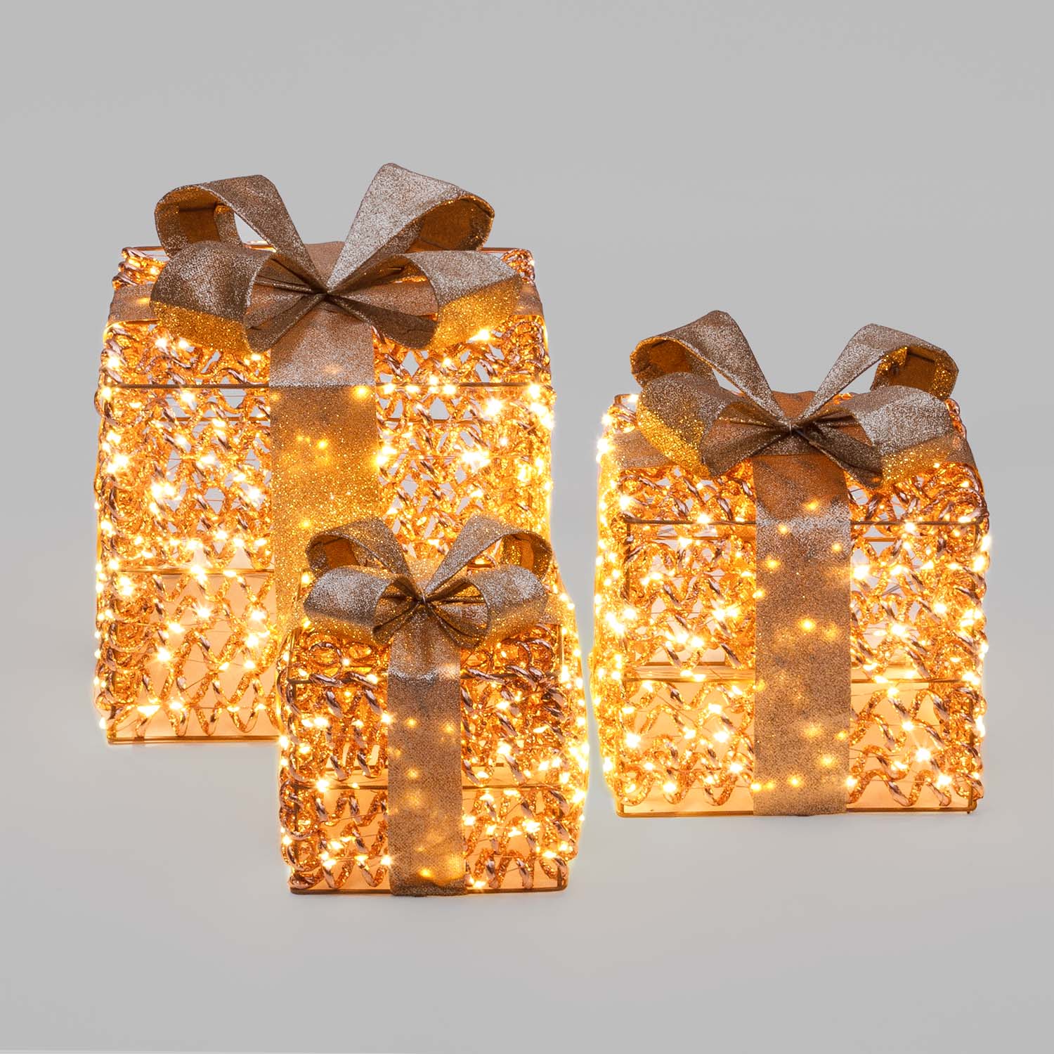 Set 3 Pacchi Regalo luminosi 3D Rose Gold, filo a spirale, led bianco caldo