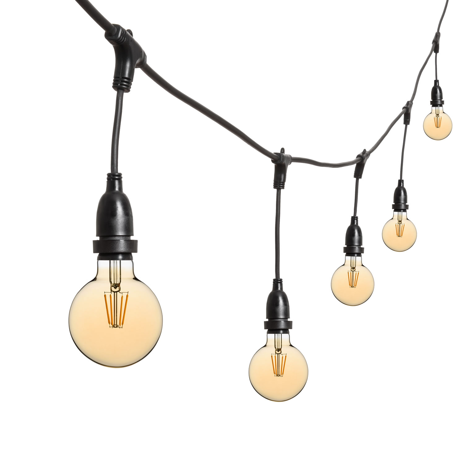 Catena 5 m, 8 lampadine led pendenti globo Ø 95 mm da 4 Watt, h 30 cm, prolungabile Catena 5 m, 8 lampadine led pendenti globo Ø 95 mm da 4 Watt, h 30 cm, prolungabile