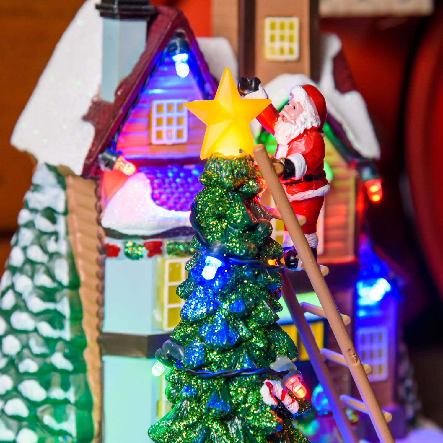 Christmas Village, Christmas Tree and Santa on Ladder, Miniature Train h 21.5 cm, with Christmas Music 10 Christmas Village, Christmas Tree and Santa on Ladder, Miniature Train h 21.5 cm, with Christmas Music 10