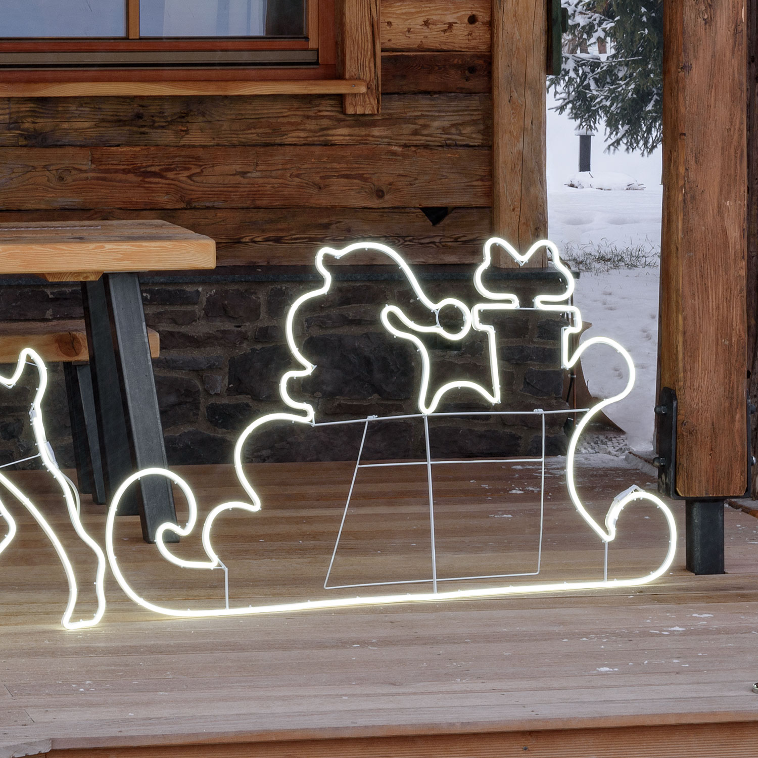 Slitta con Babbo Natale effetto neon h 80 cm, led bianco naturale 1 Slitta con Babbo Natale effetto neon h 80 cm, led bianco naturale 1