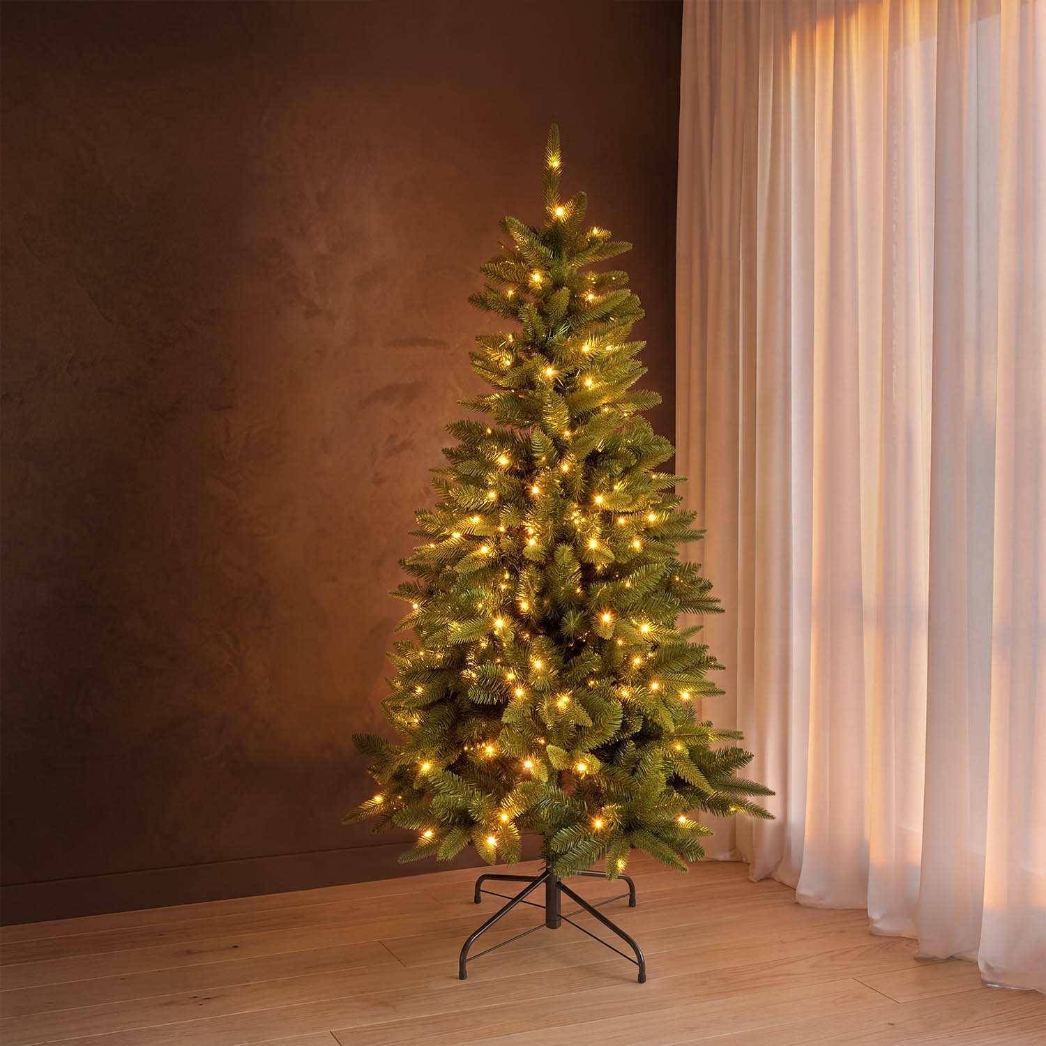 Arbre Slim sapin artificiel 150 cm, 200 led blanc chaud intégrés 