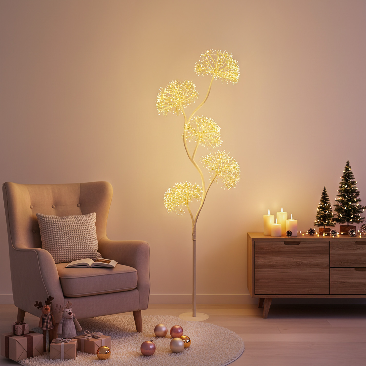 White Tree, Branch with 5 RICCO spheres, h 1,7 m, 1800 warm white microLEDs, indoor