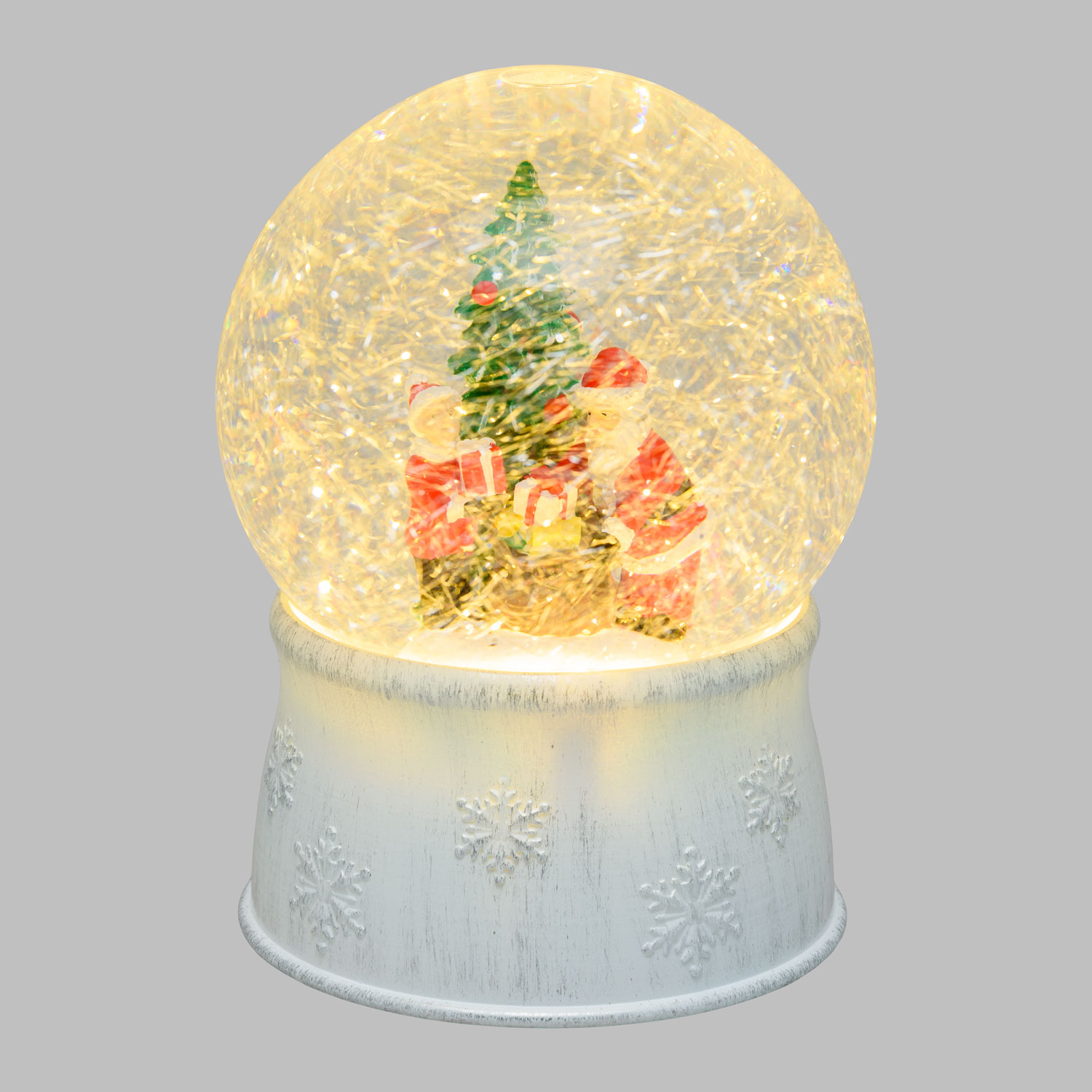 Weiße LED Schneekugel Weihnachtsmänner und Tannenbaum, h. 17 cm, warmweiß 5 Weiße LED Schneekugel Weihnachtsmänner und Tannenbaum, h. 17 cm, warmweiß 5