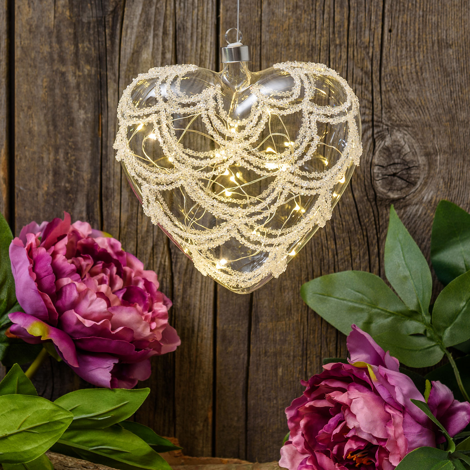 Corazón luminoso de vidrio decorado, micro led blanco cálido 1 Corazón luminoso de vidrio decorado, micro led blanco cálido 1