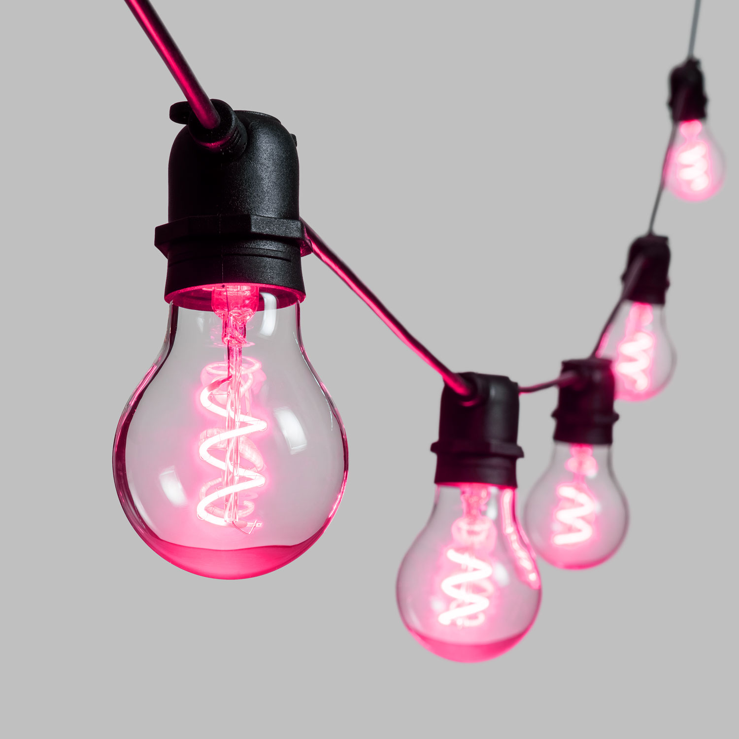 Catena 5 m, 10 lampadine goccia Ø 60 mm, led rosa a spirale, prolungabile Catena 5 m, 10 lampadine goccia Ø 60 mm, led rosa a spirale, prolungabile