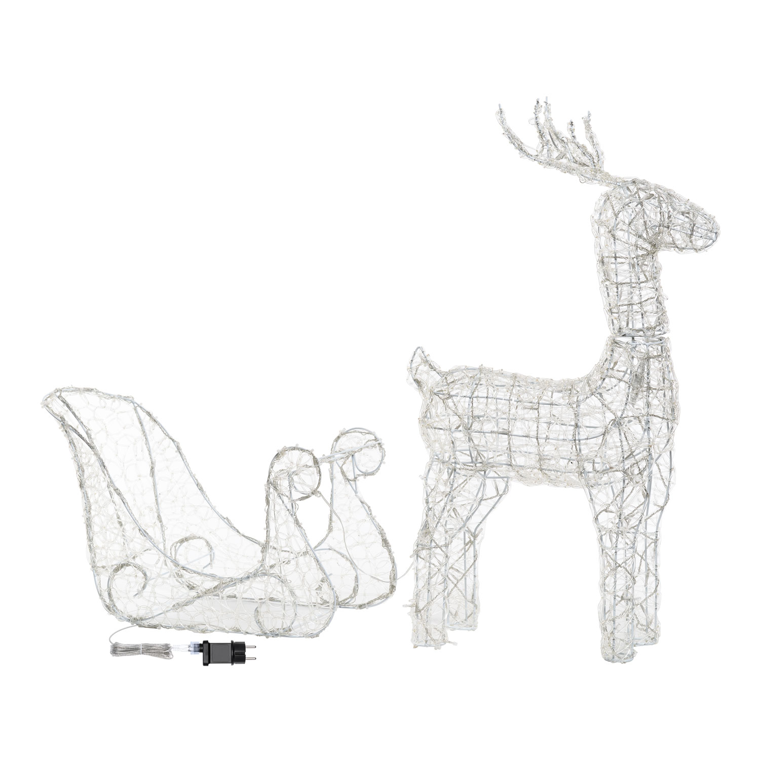 Reno con trineo 3D acrílico transparente, h. 90 cm, led blanco cálido 2 Reno con trineo 3D acrílico transparente, h. 90 cm, led blanco cálido 2