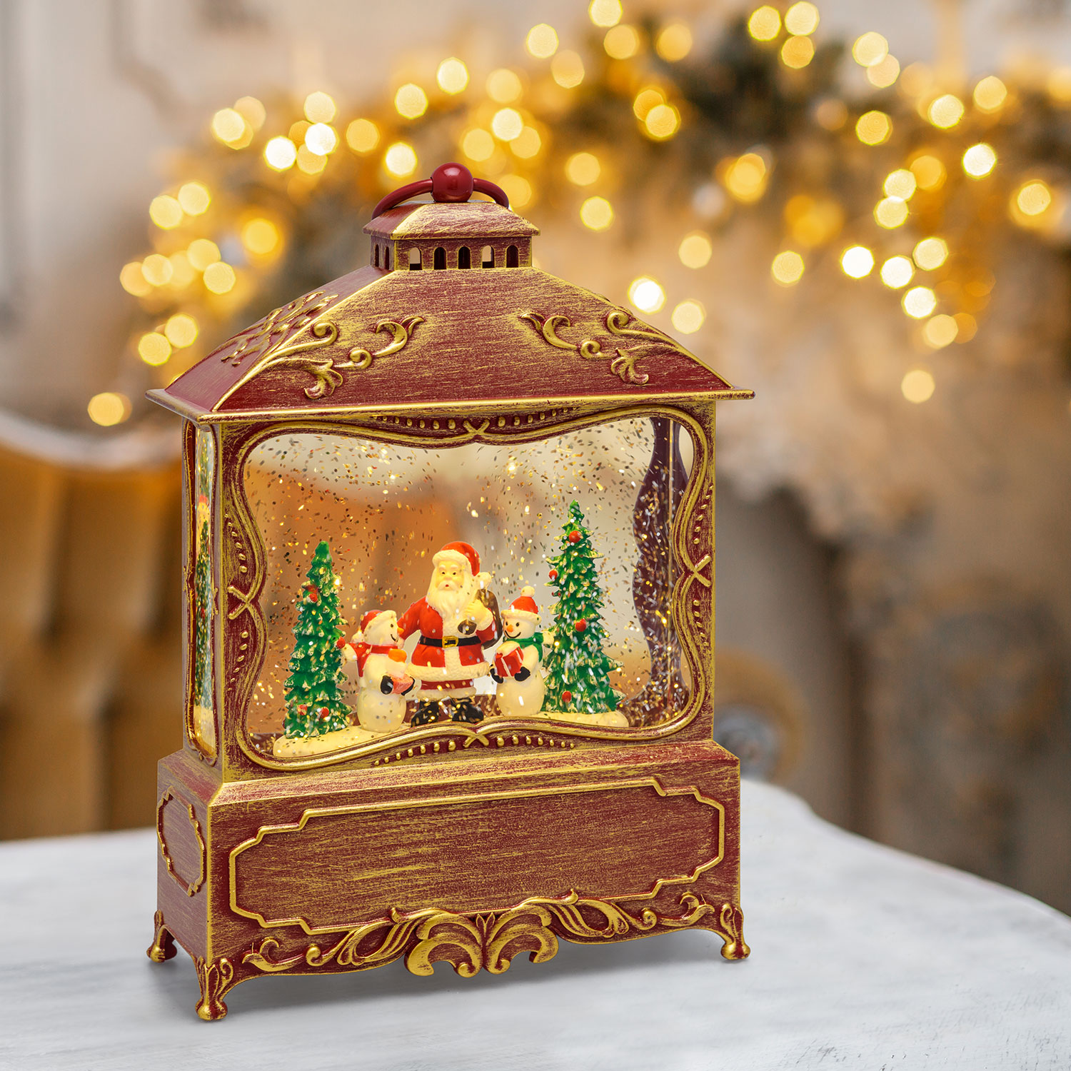 Lanterne de Noël rouge antique à piles avec neige paillettes, h. 27 cm 9 Lanterne de Noël rouge antique à piles avec neige paillettes, h. 27 cm 9