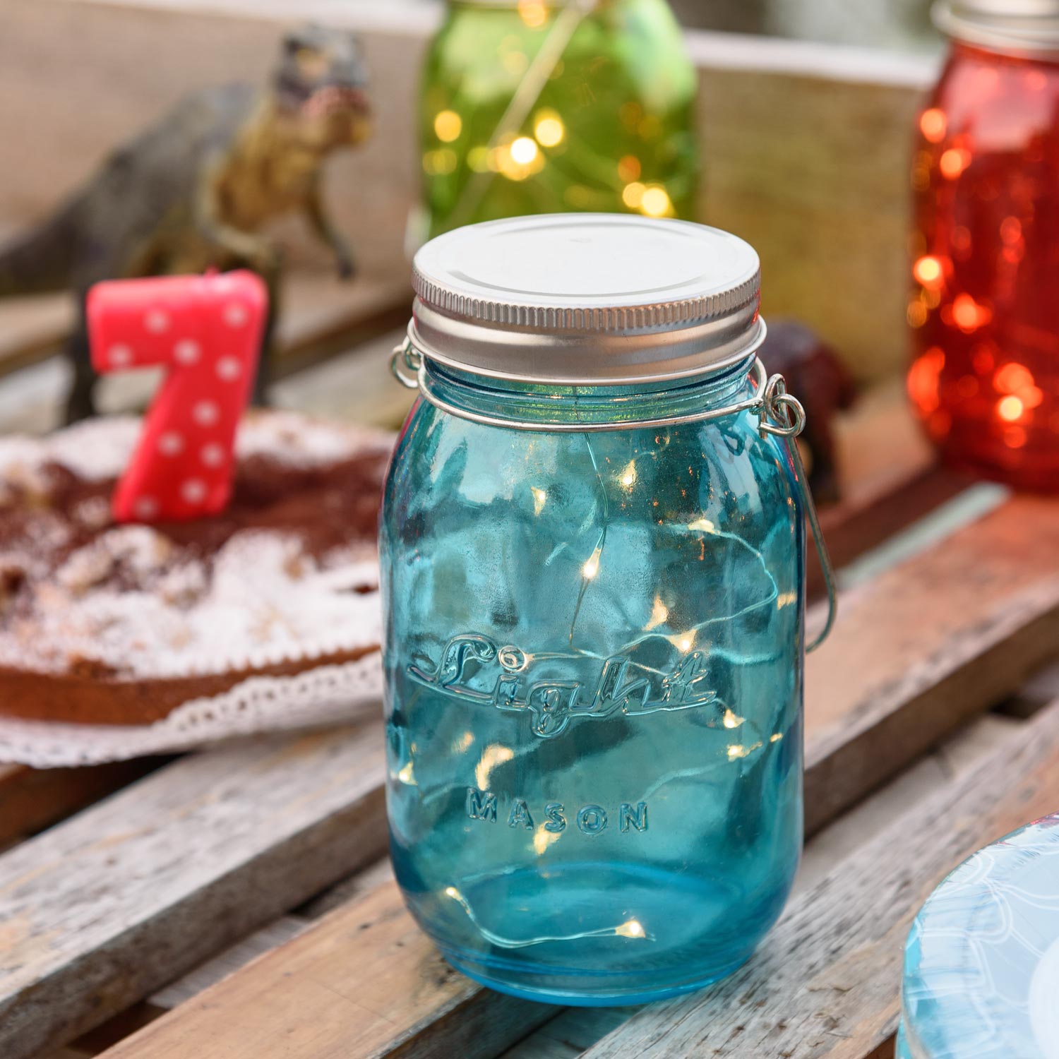 Blaues Einweckglas mit Micro LEDs warmweiß 1 Blaues Einweckglas mit Micro LEDs warmweiß 1