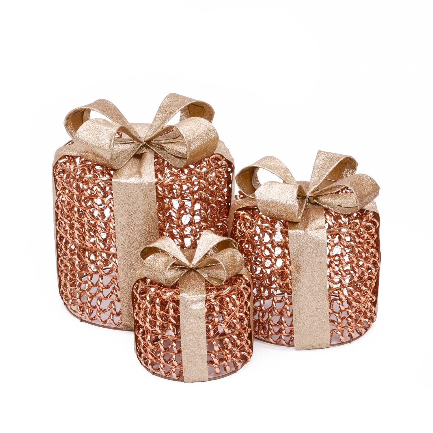 Set 3 Pacchi Regalo 3D Rose Gold, filo a spirale, forma cilindrica, led bianco caldo 2